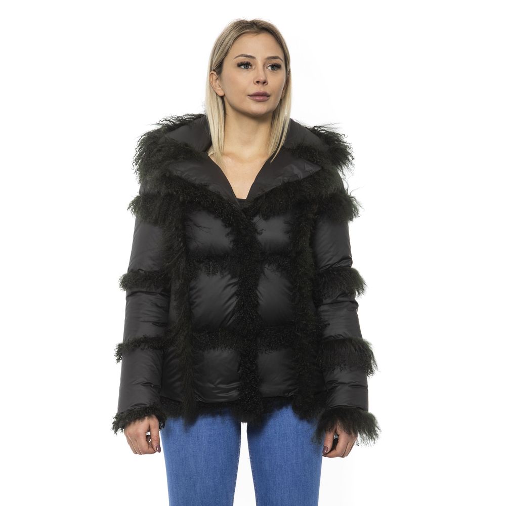 Mr&Mrs Italy Black Poly Jacket with Lamb Fur Hood for Women | Regal Royce