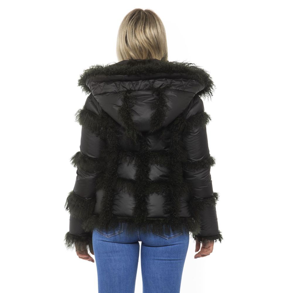 Mr&Mrs Italy Black Poly Jacket with Lamb Fur Hood for Women | Regal Royce