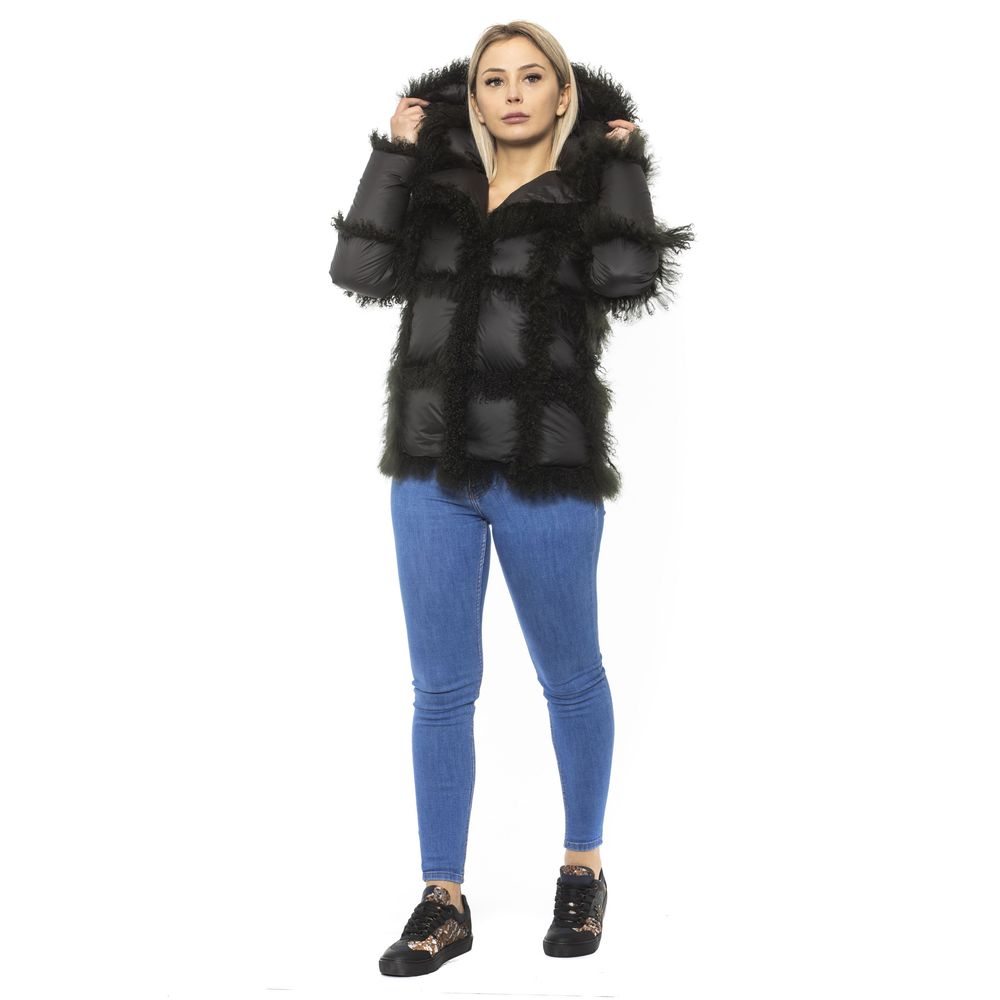 Mr&Mrs Italy Black Poly Jacket with Lamb Fur Hood for Women | Regal Royce