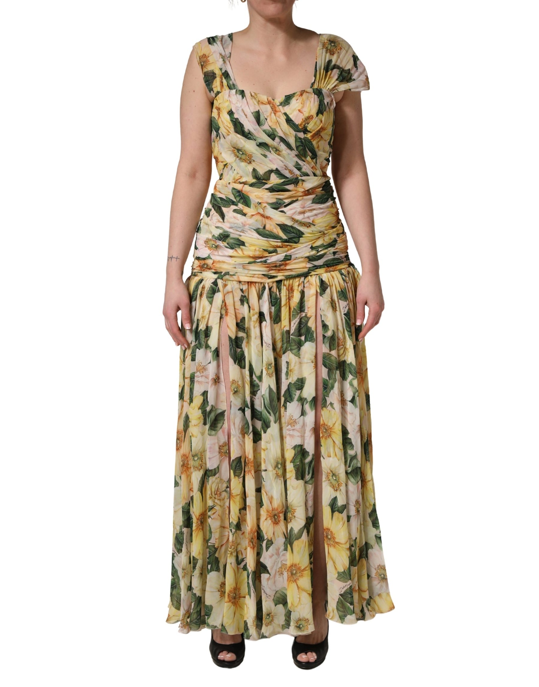 Dolce & Gabbana Yellow Silk Floral Print Pleated Maxi Dress | Regal Royce