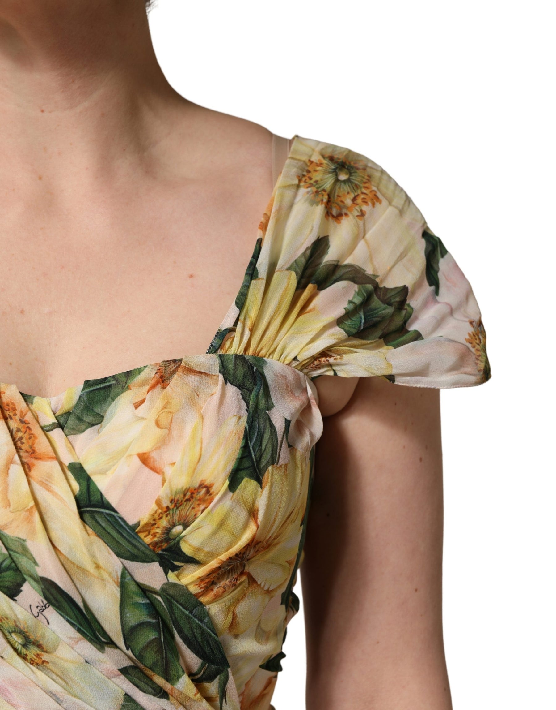 Dolce & Gabbana Yellow Silk Floral Print Pleated Maxi Dress | Regal Royce