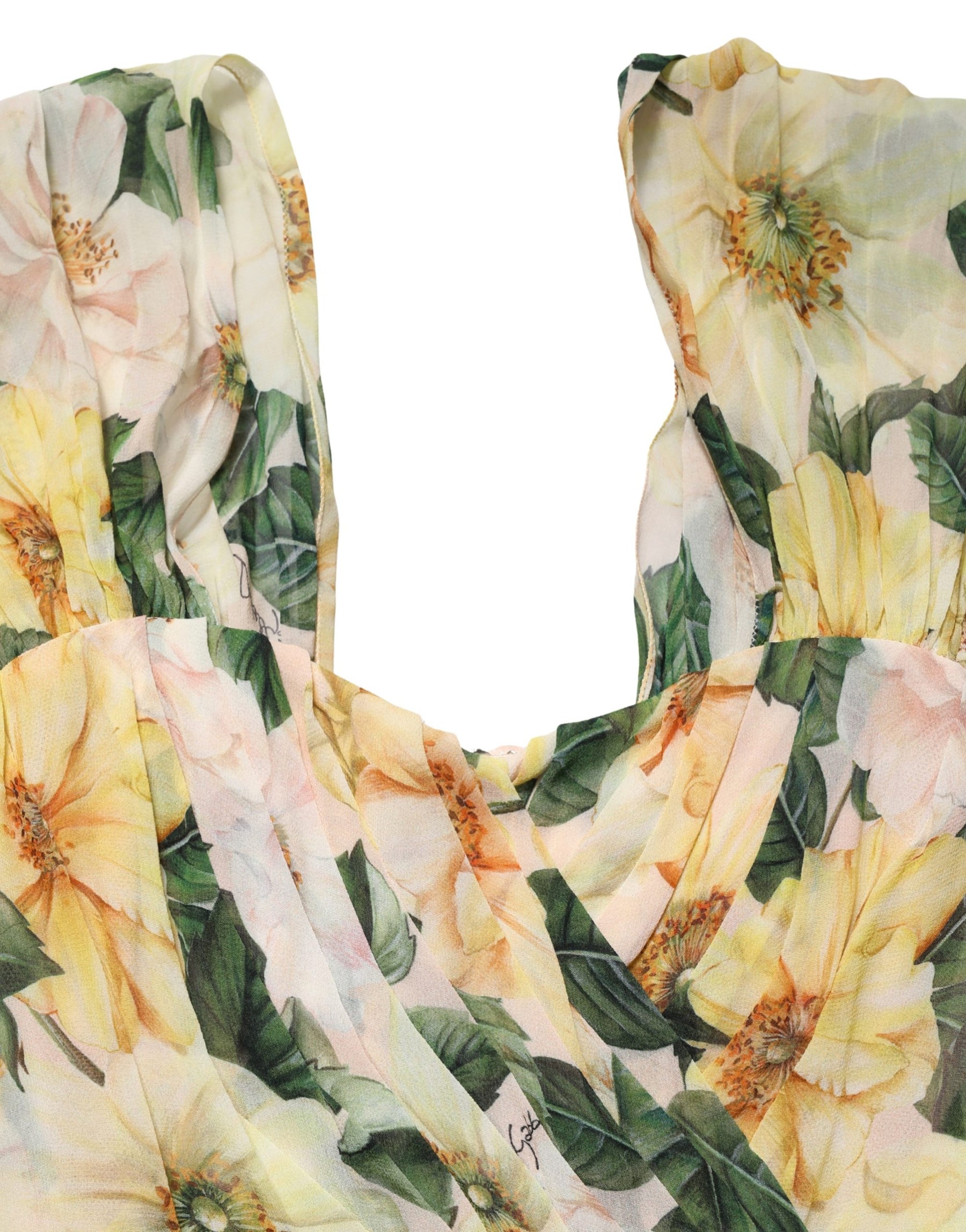 Dolce & Gabbana Yellow Silk Floral Print Pleated Maxi Dress | Regal Royce