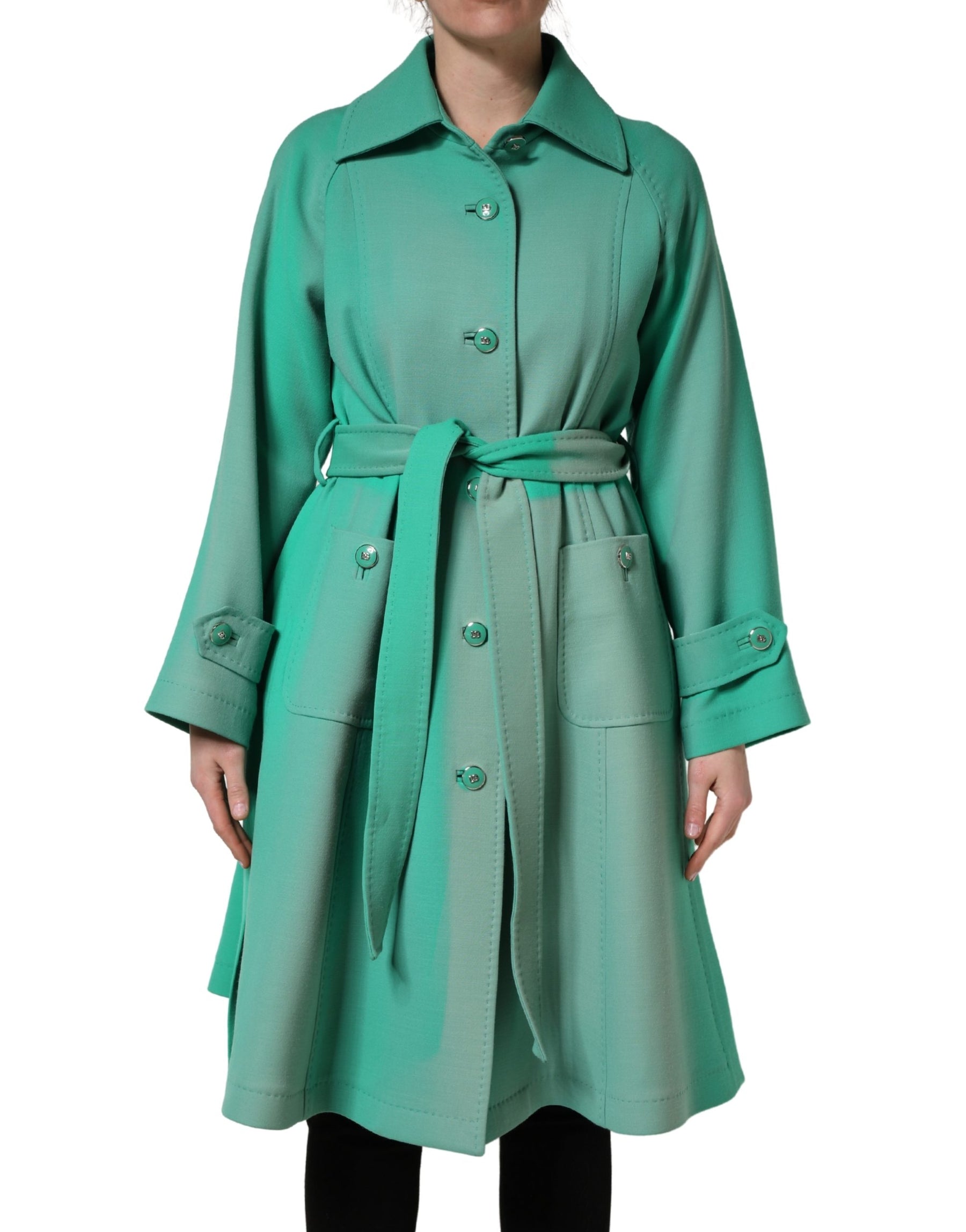 Dolce & Gabbana Green Buttoned Down Belt Trench Coat Jacket | Regal Royce