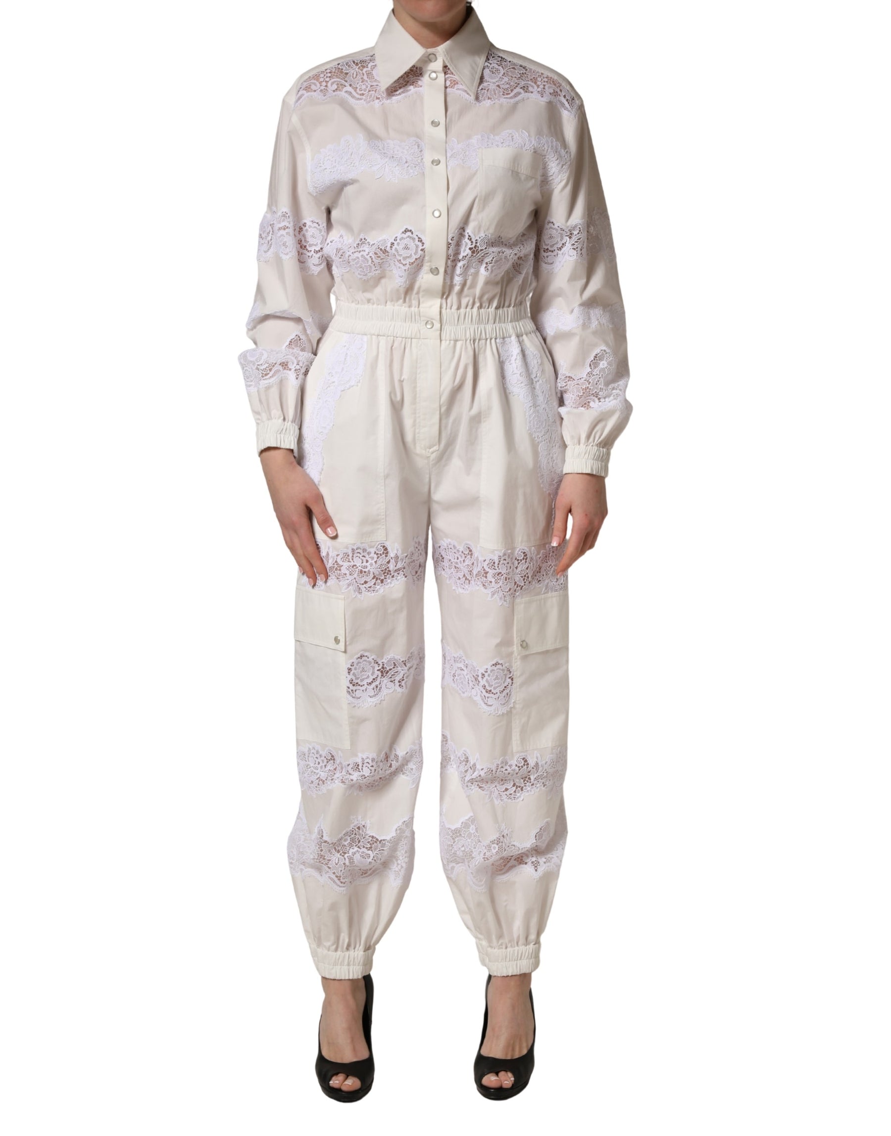 Dolce & Gabbana White Cotton Lace Trim Long Sleeves Jumpsuit | Regal Royce