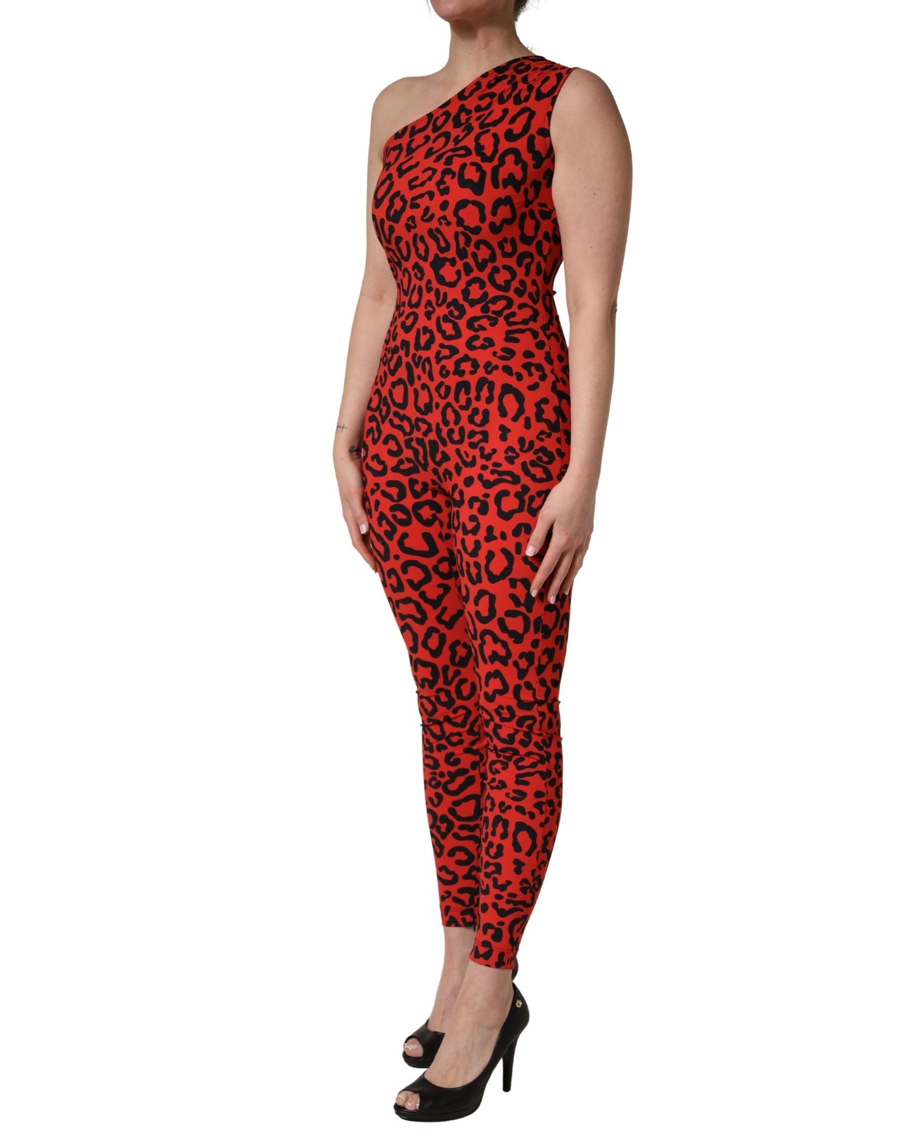 Dolce & Gabbana Black Red Nylon Leopard Pattern Jumpsuit | Regal Royce