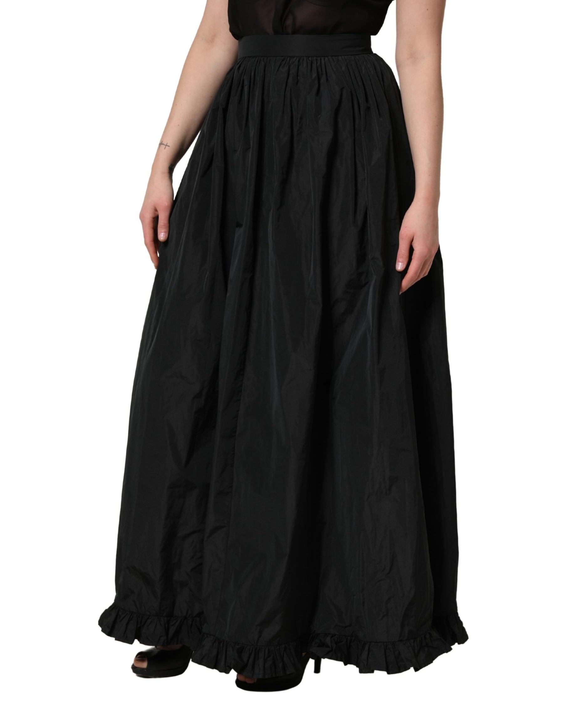 MSGM Black High Waist Pleated A-line Long Maxi Women Skirt | Regal Royce