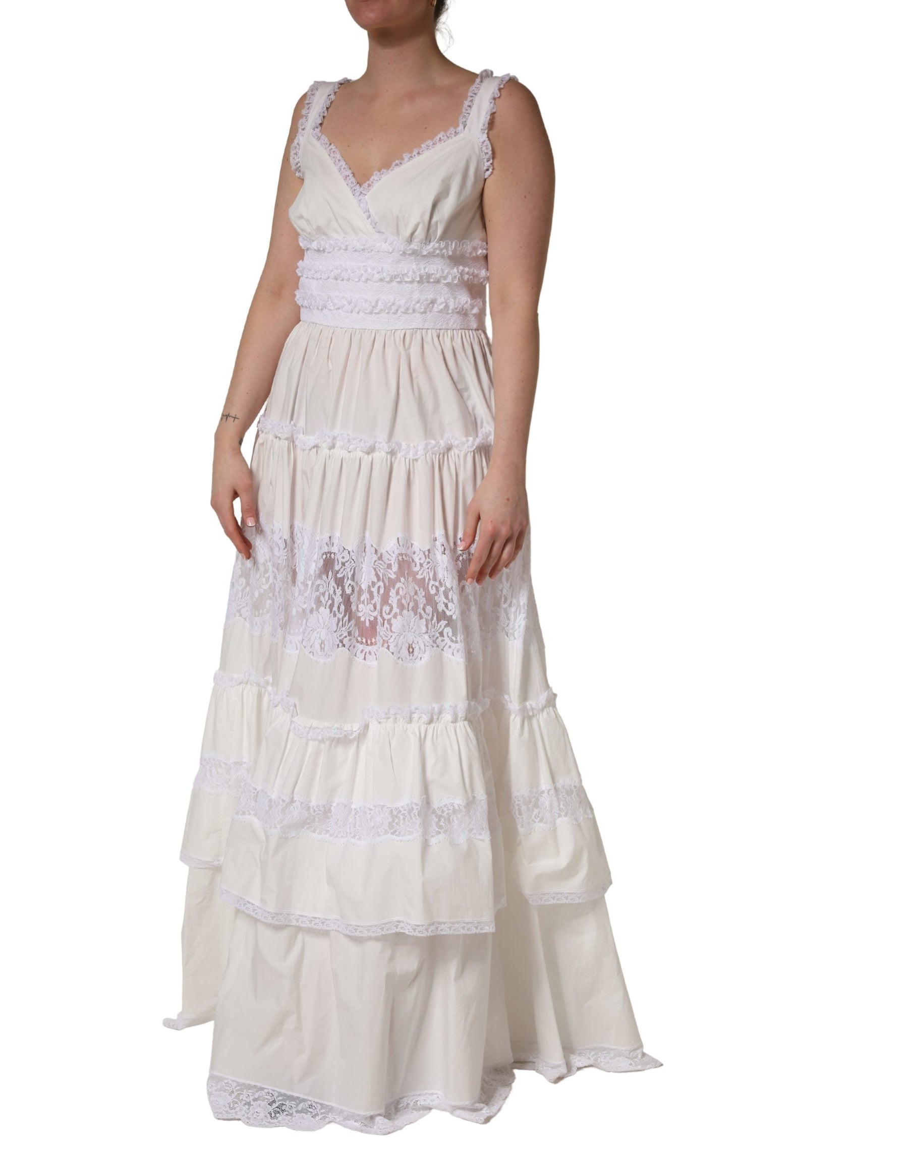 Dolce & Gabbana White Cotton Sleeveless Lace Maxi Dress | Regal Royce
