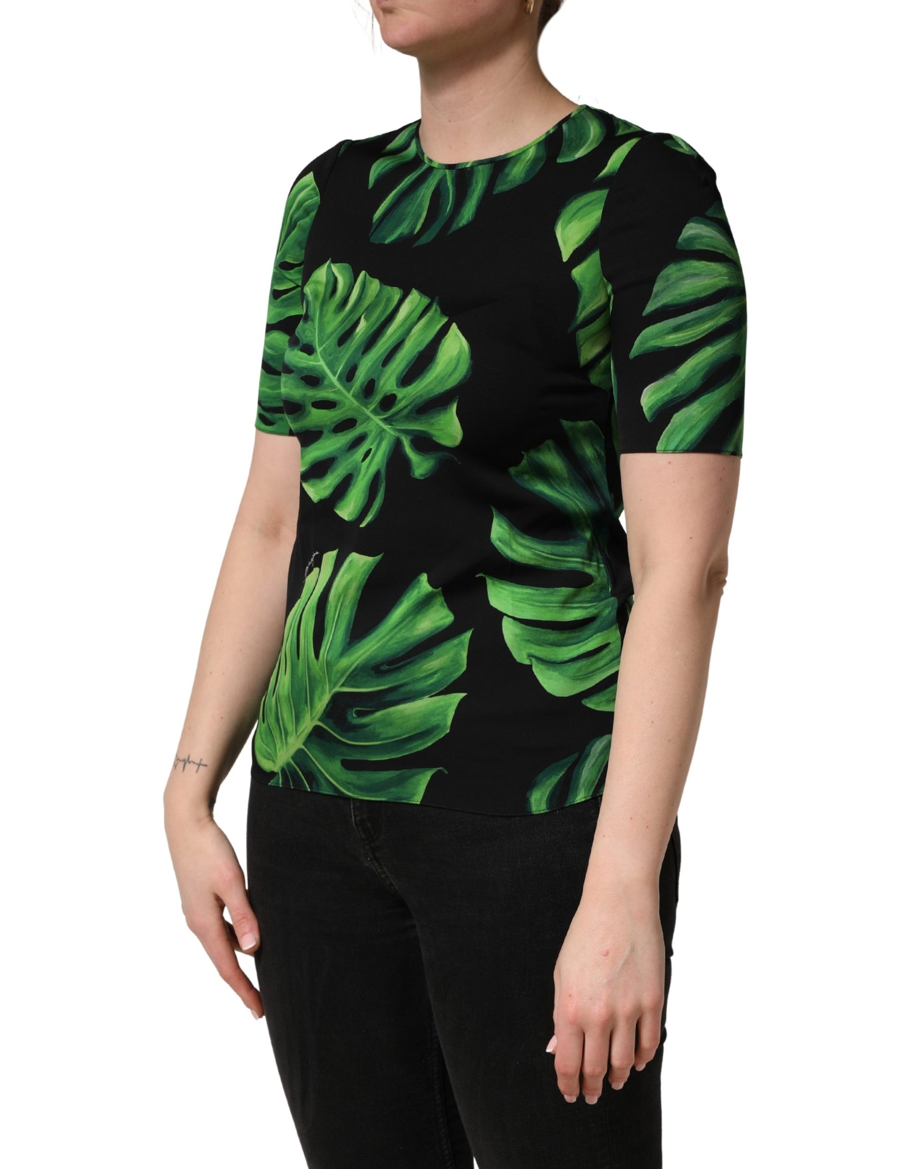 Dolce & Gabbana Black Philodendron Print Silk Blouse Top | Regal Royce