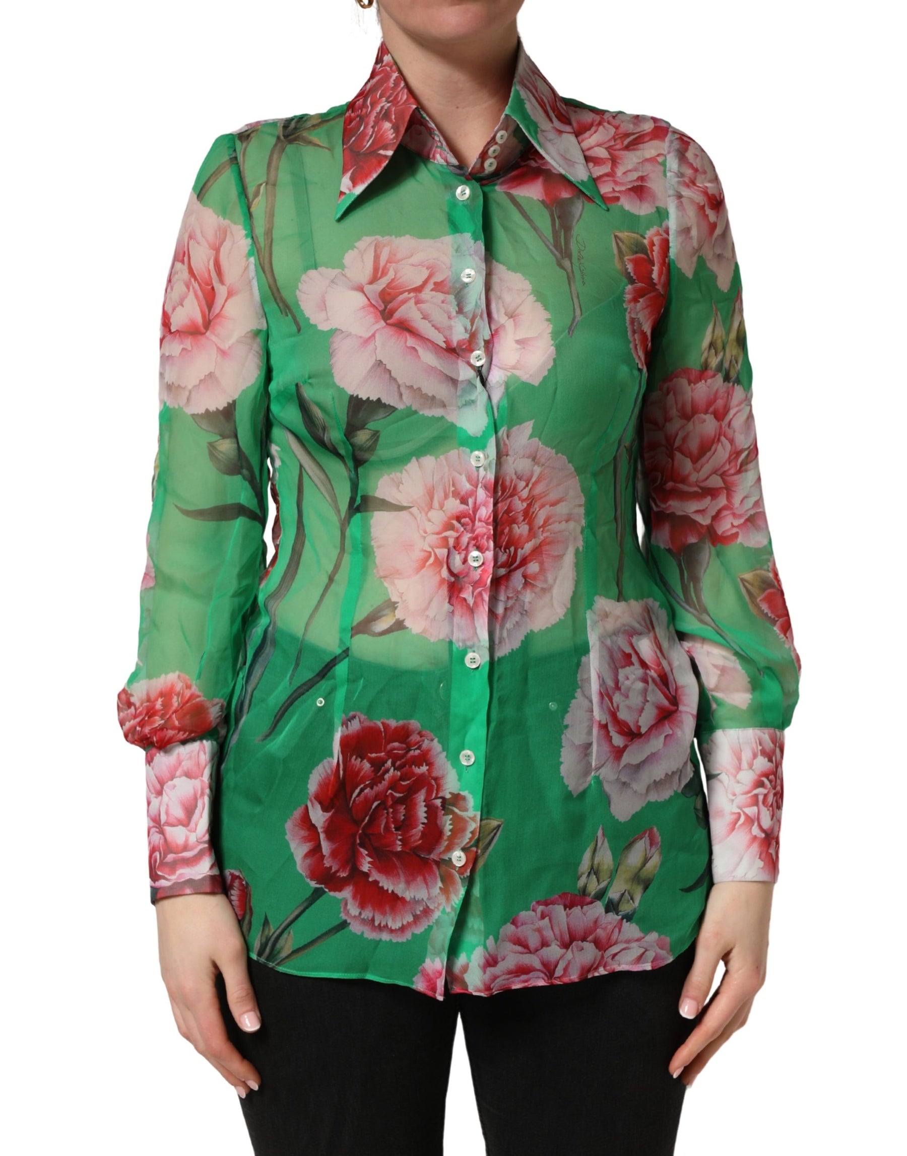 Dolce & Gabbana Green CarnationPrint Silk Collared Blouse Top | Regal Royce