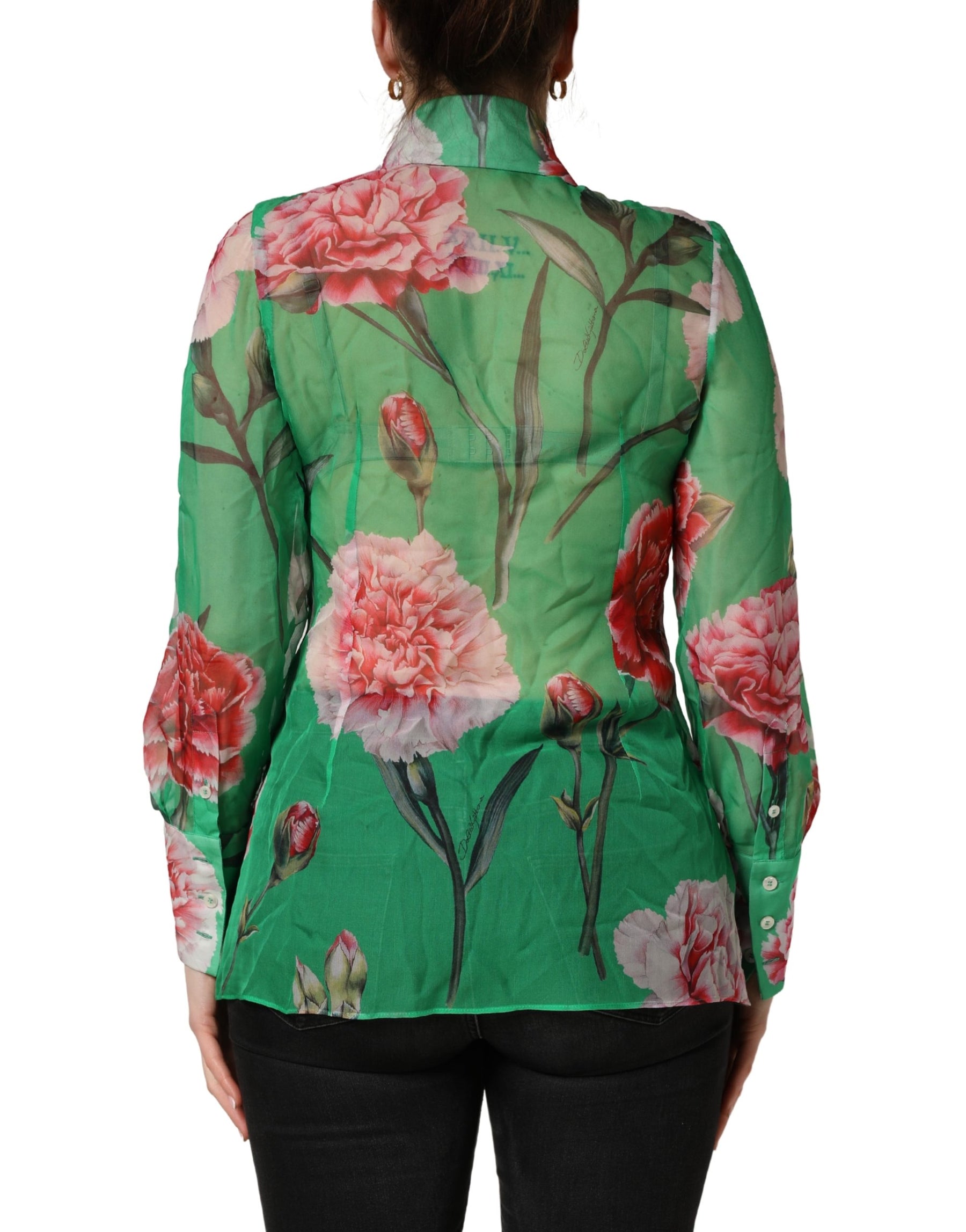 Dolce & Gabbana Green CarnationPrint Silk Collared Blouse Top | Regal Royce