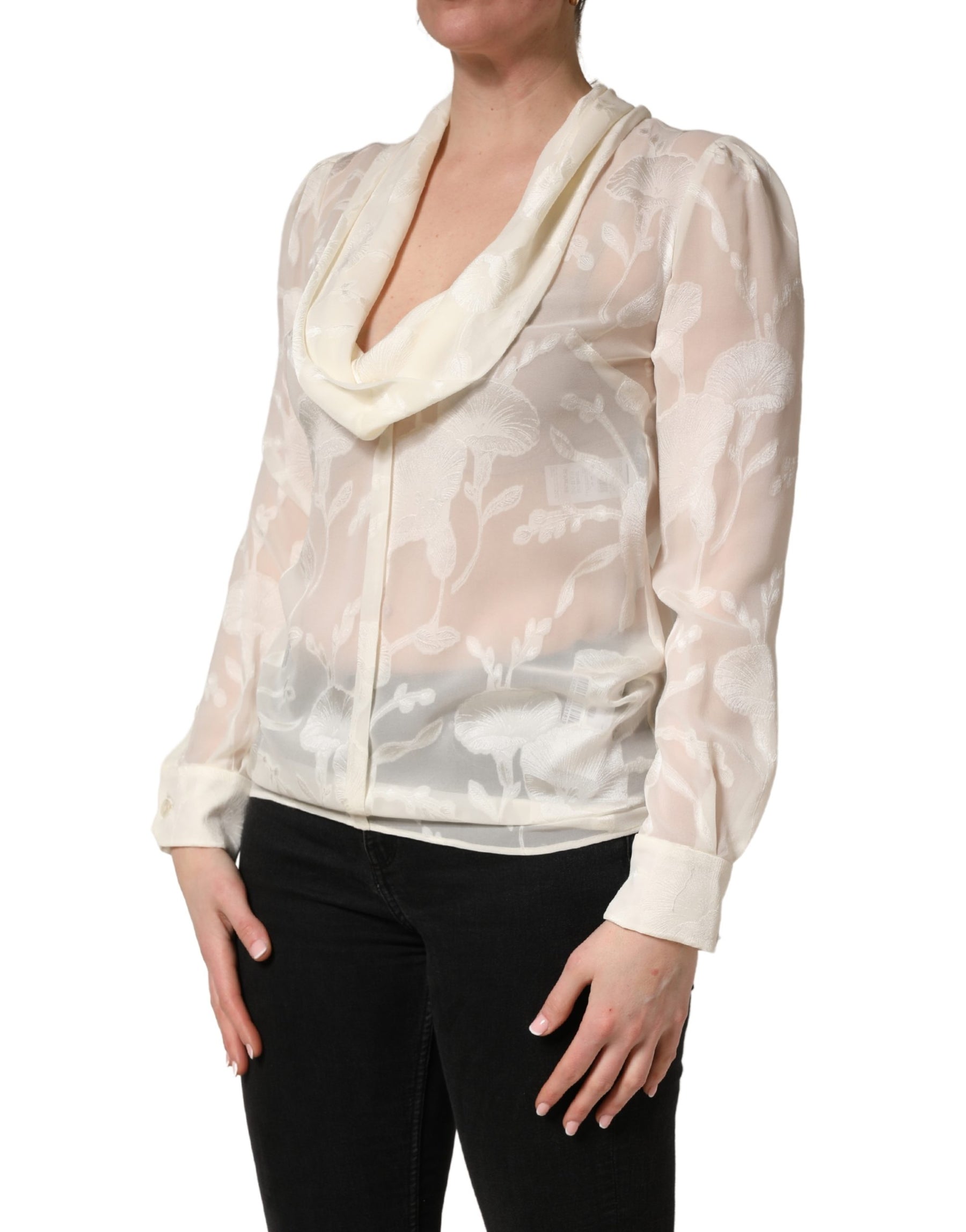 Dolce & Gabbana Off White Floral Semi Sheer Silk Blouse Top | Regal Royce