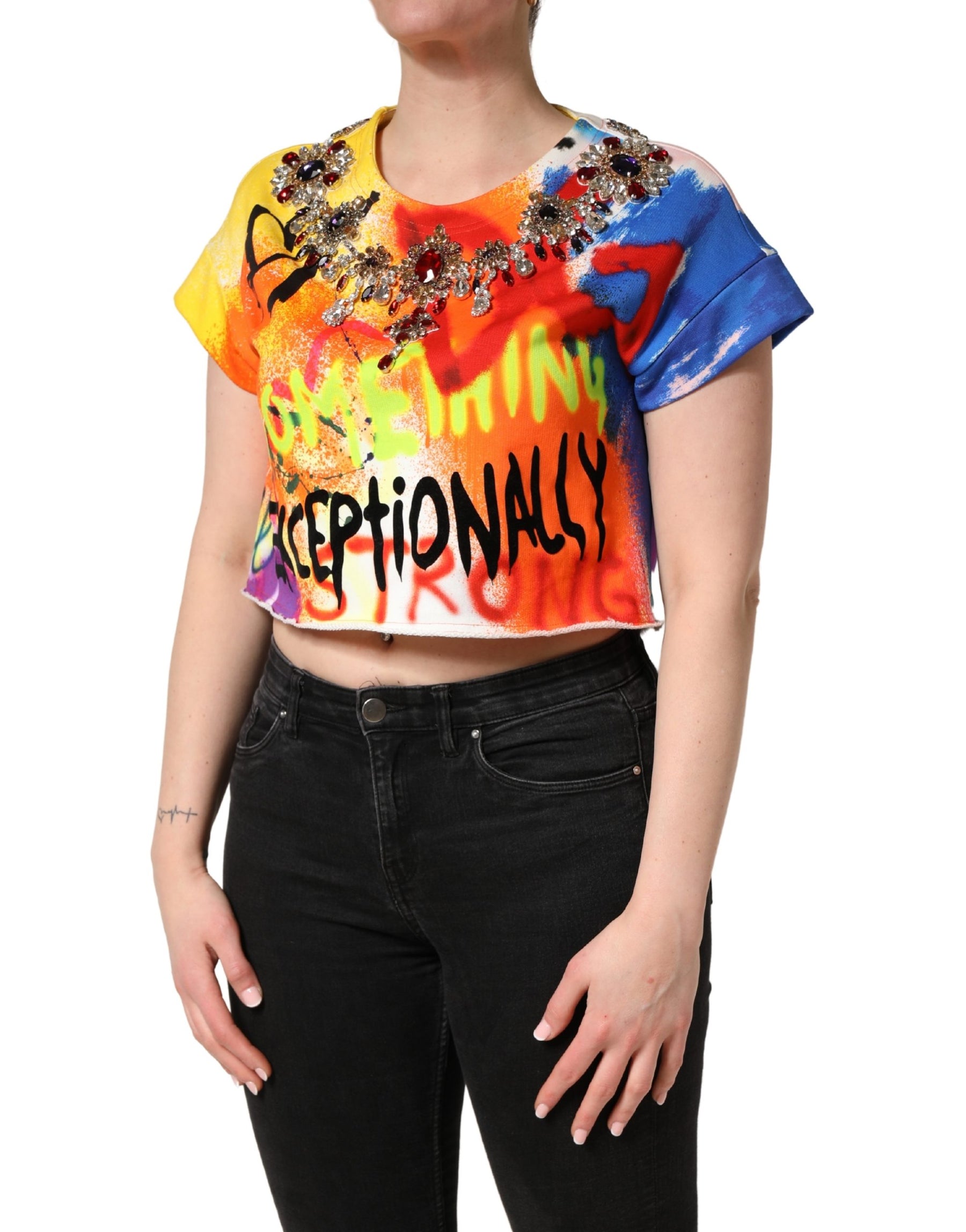 Dolce & Gabbana Multicolor Graffiti Crystals Crop Jersey Top | Regal Royce