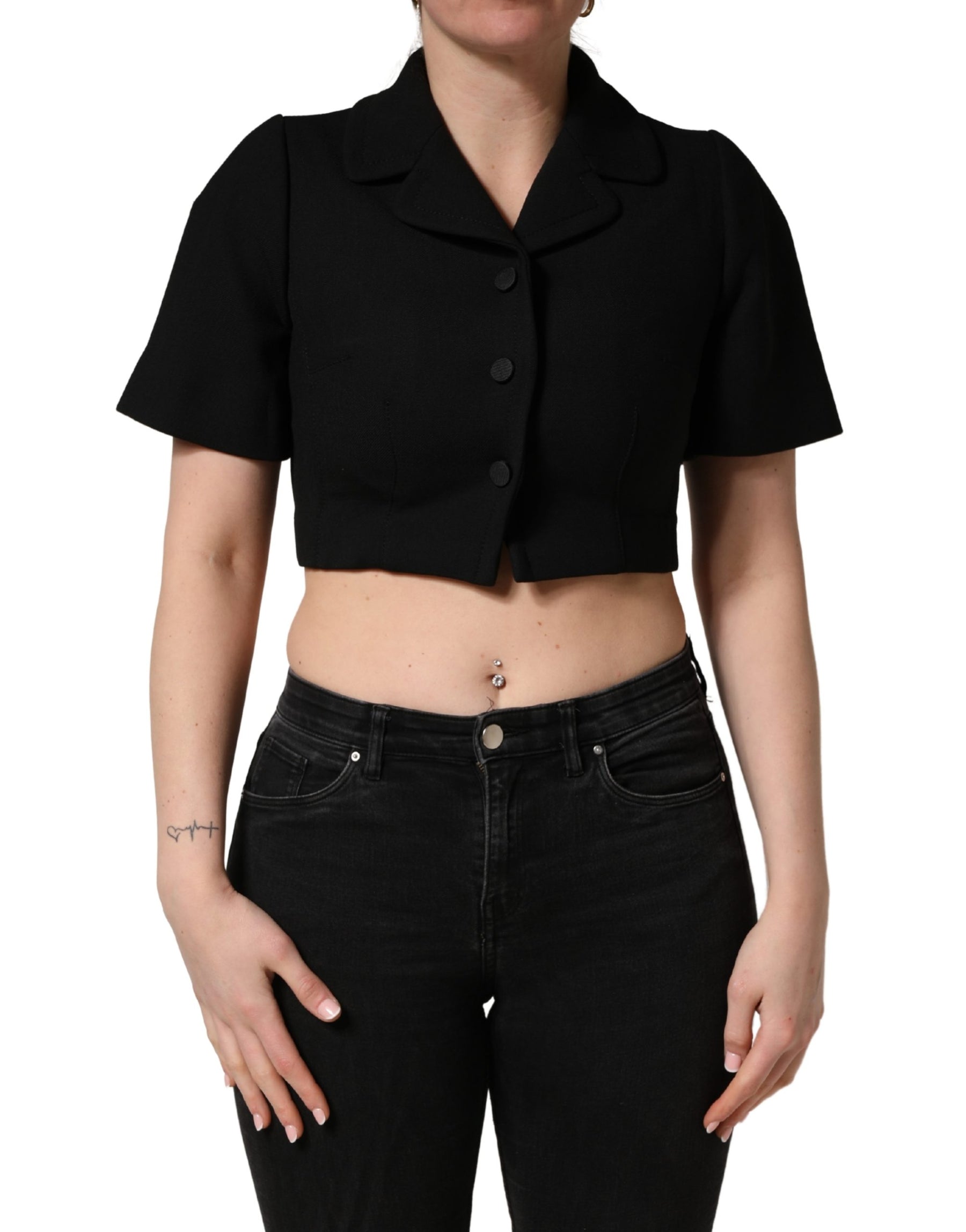 Dolce & Gabbana Black Collared Short Sleeves Cropped Blouse Top | Regal Royce