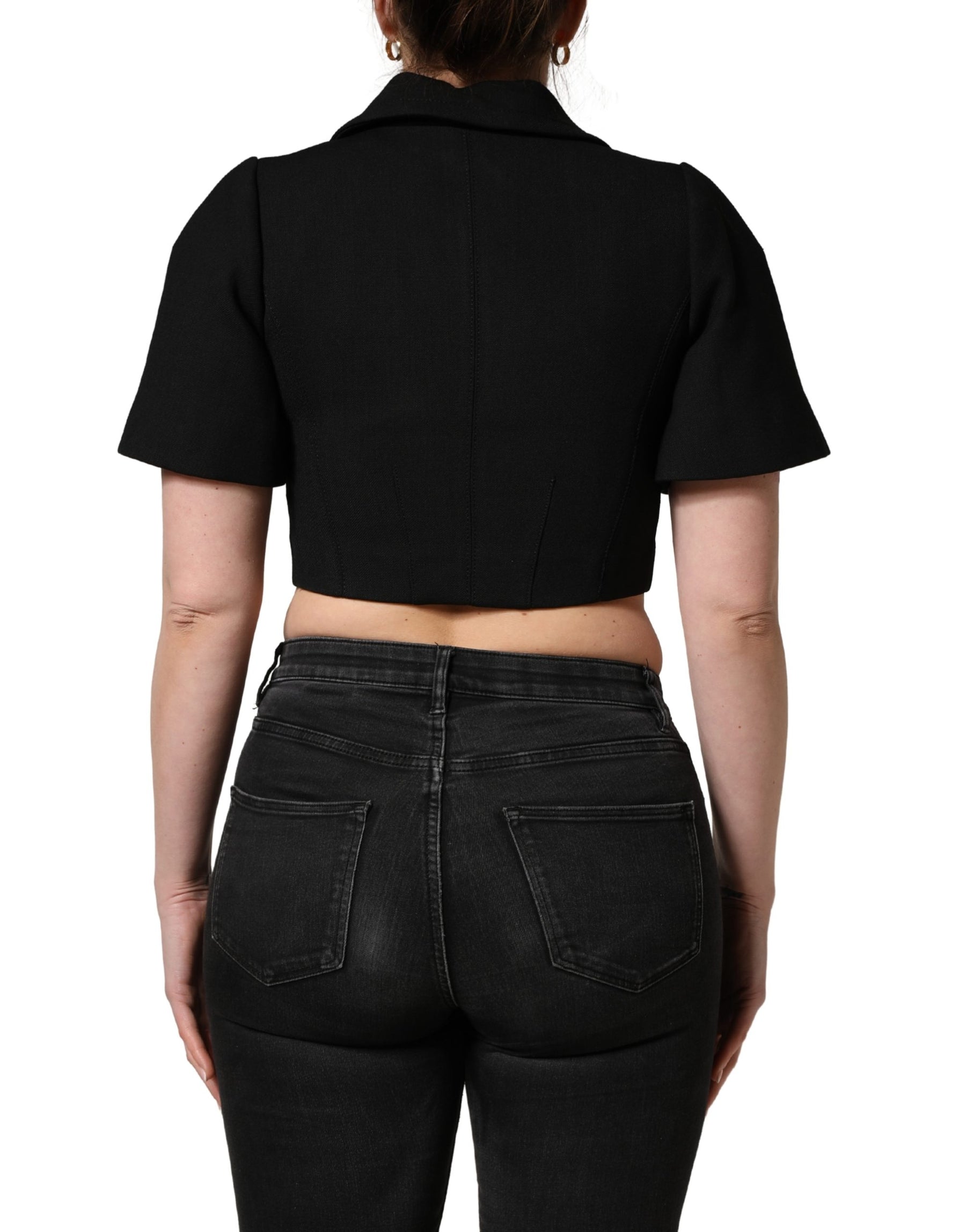 Dolce & Gabbana Black Collared Short Sleeves Cropped Blouse Top | Regal Royce