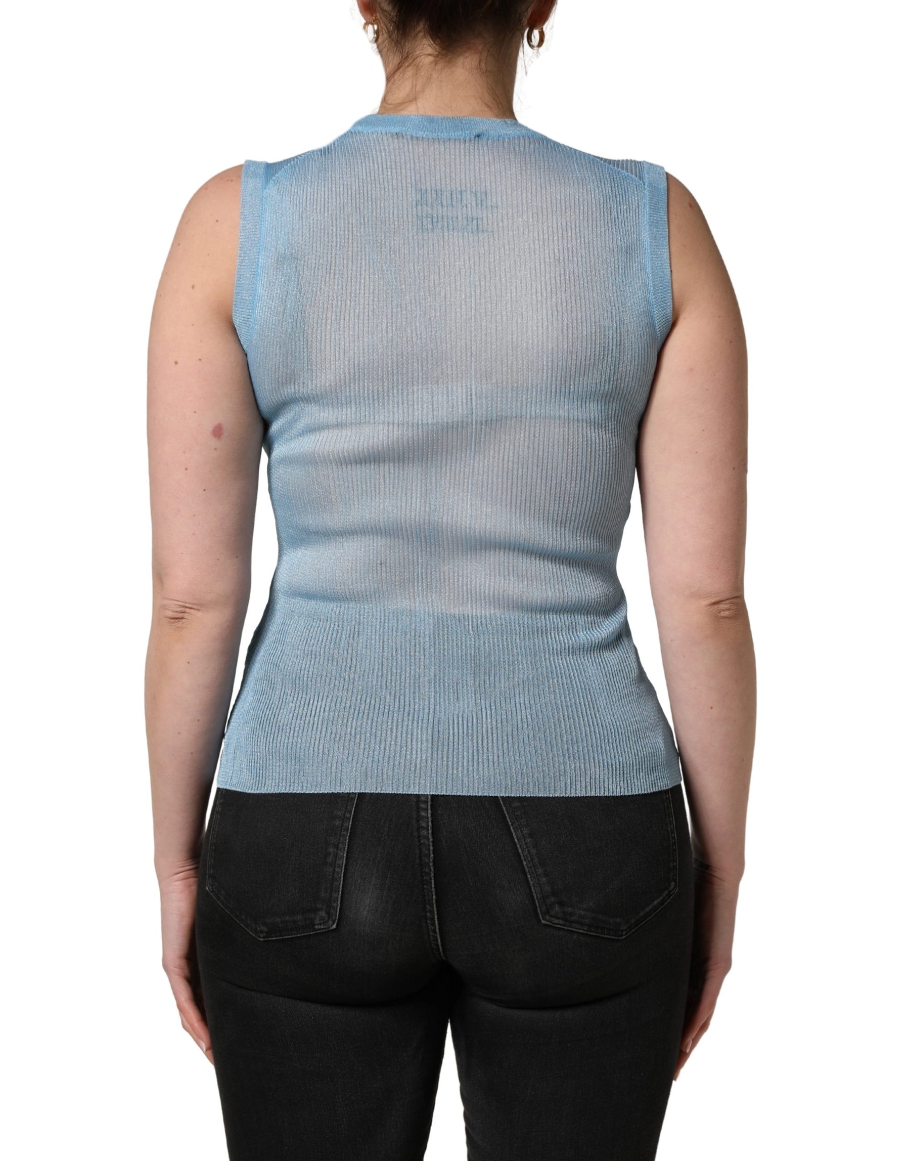 Dolce & Gabbana Blue Semi Sheer Ribbed Sleeveless Tank Top | Regal Royce