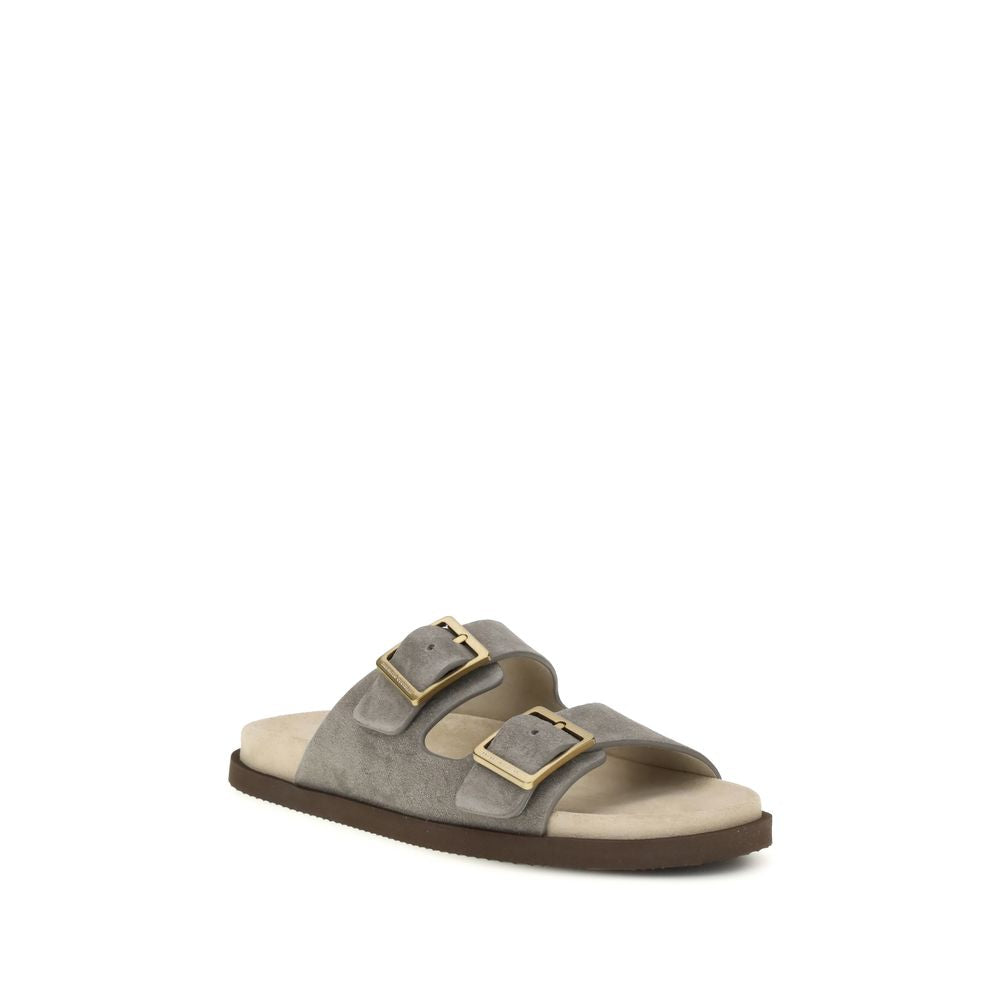 Brunello Cucinelli Gray Calf Leather Bos Taurus Sandals | Regal Royce