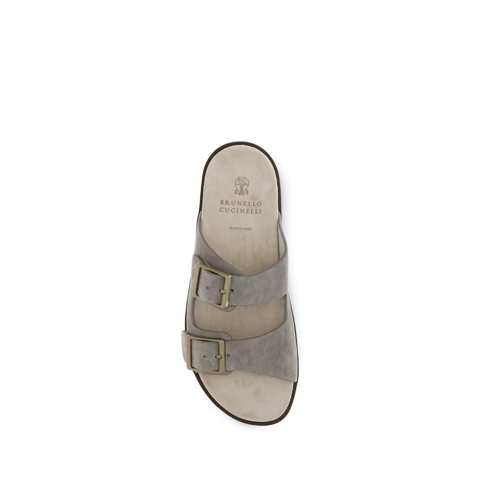 Brunello Cucinelli Gray Calf Leather Bos Taurus Sandals | Regal Royce