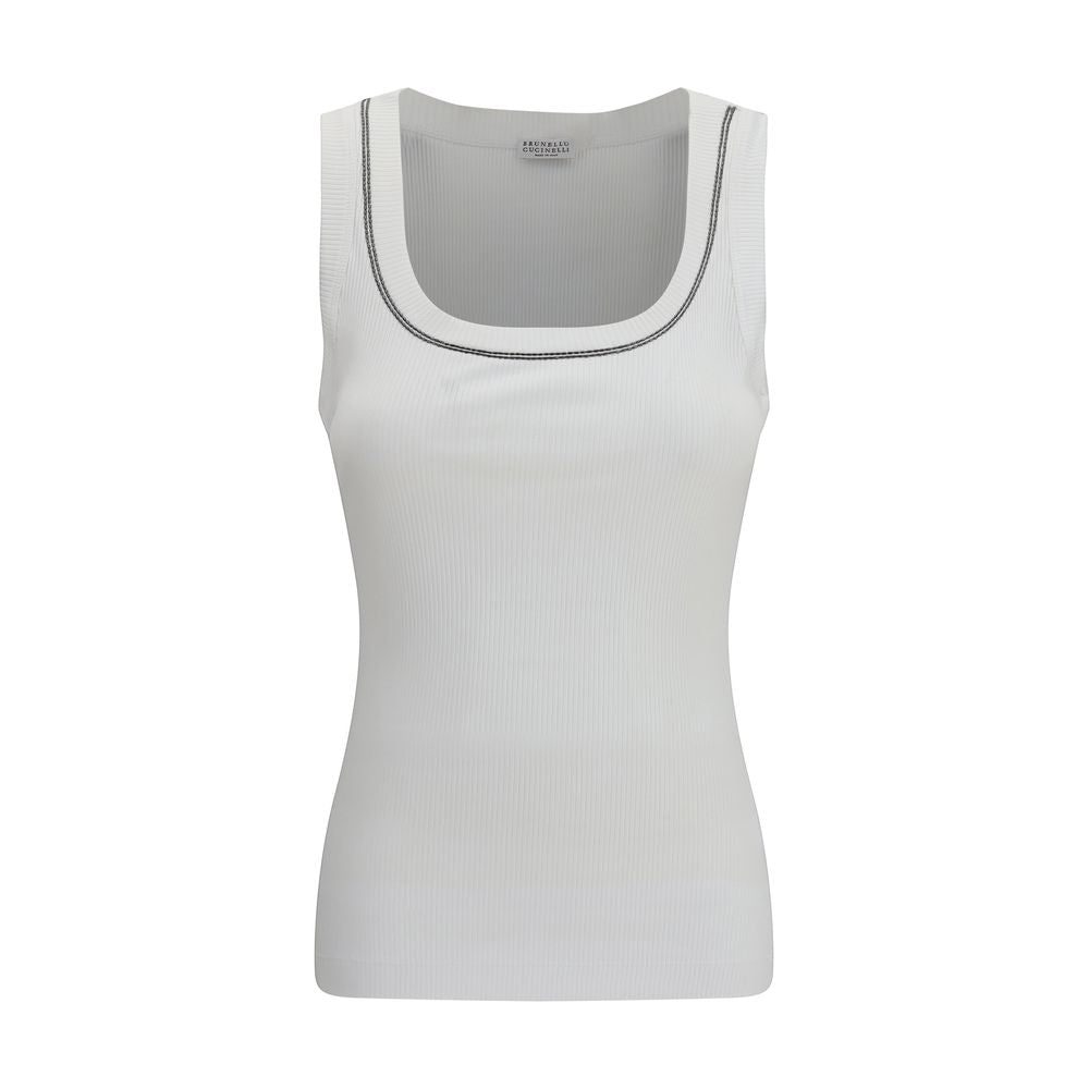 Brunello Cucinelli White Cotton Sleeveles T-Shirt | Regal Royce