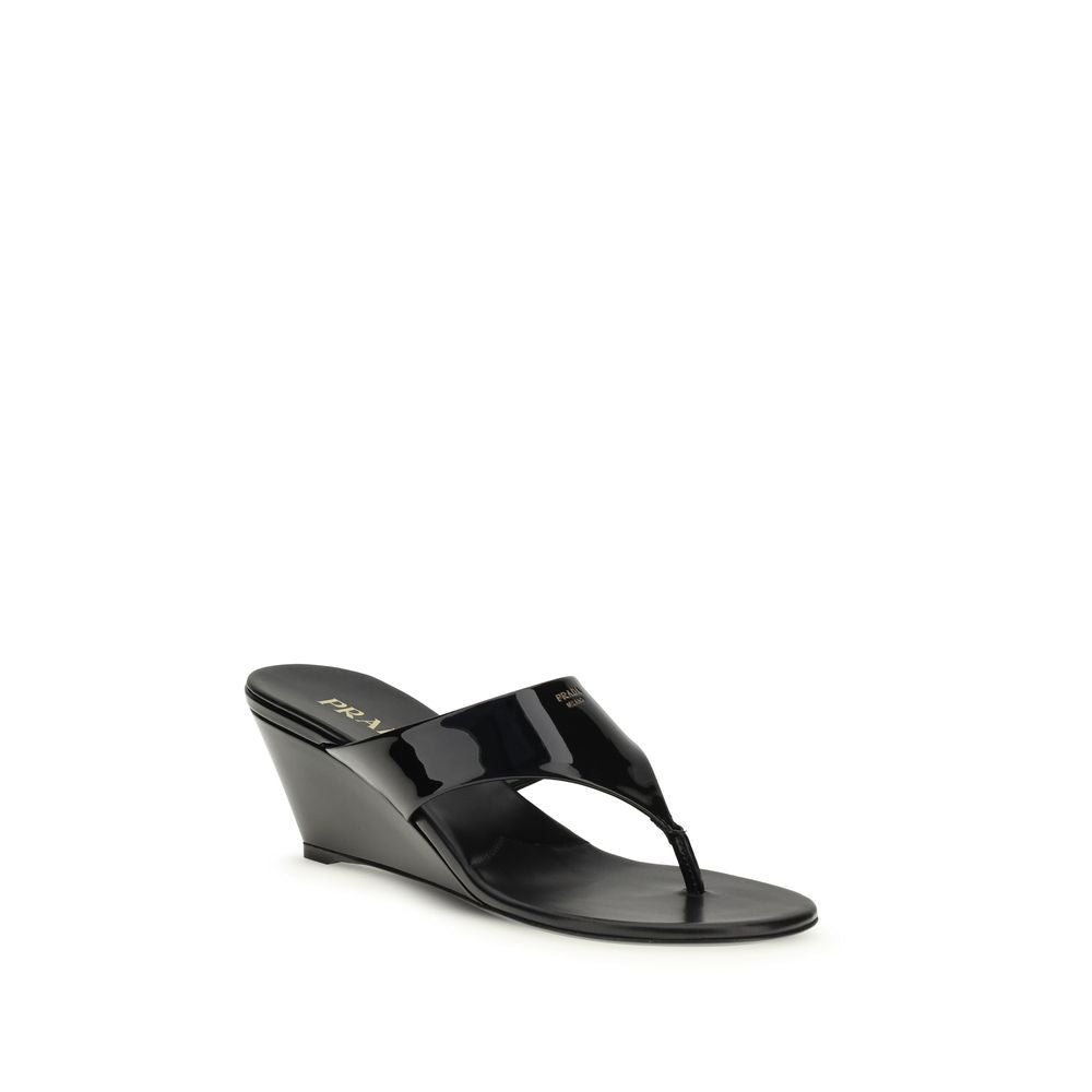 Prada Black Calf Leather Bos Taurus Wedge Sandals | Regal Royce