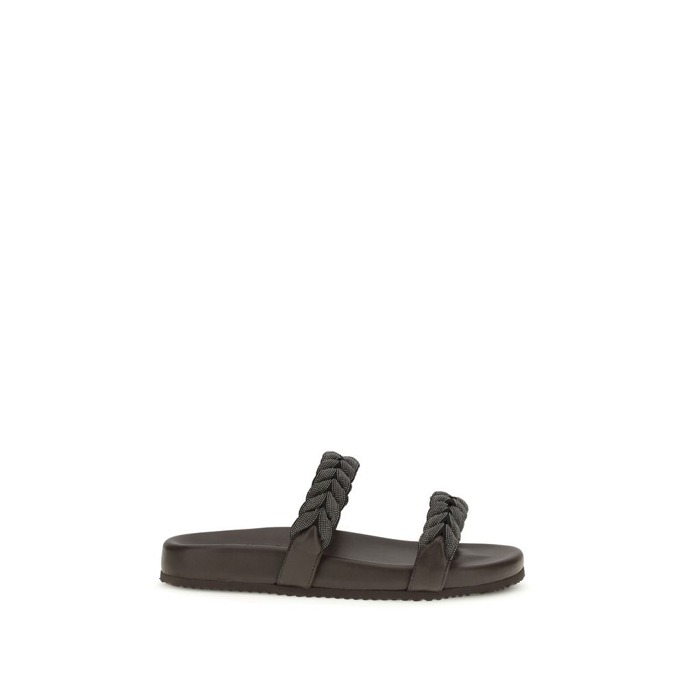 Brunello Cucinelli Brown Calf Leather Bos Taurus Flat Sandals | Regal Royce