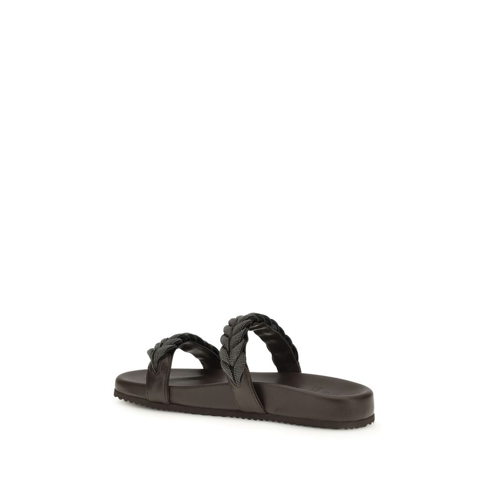 Brunello Cucinelli Brown Calf Leather Bos Taurus Flat Sandals | Regal Royce