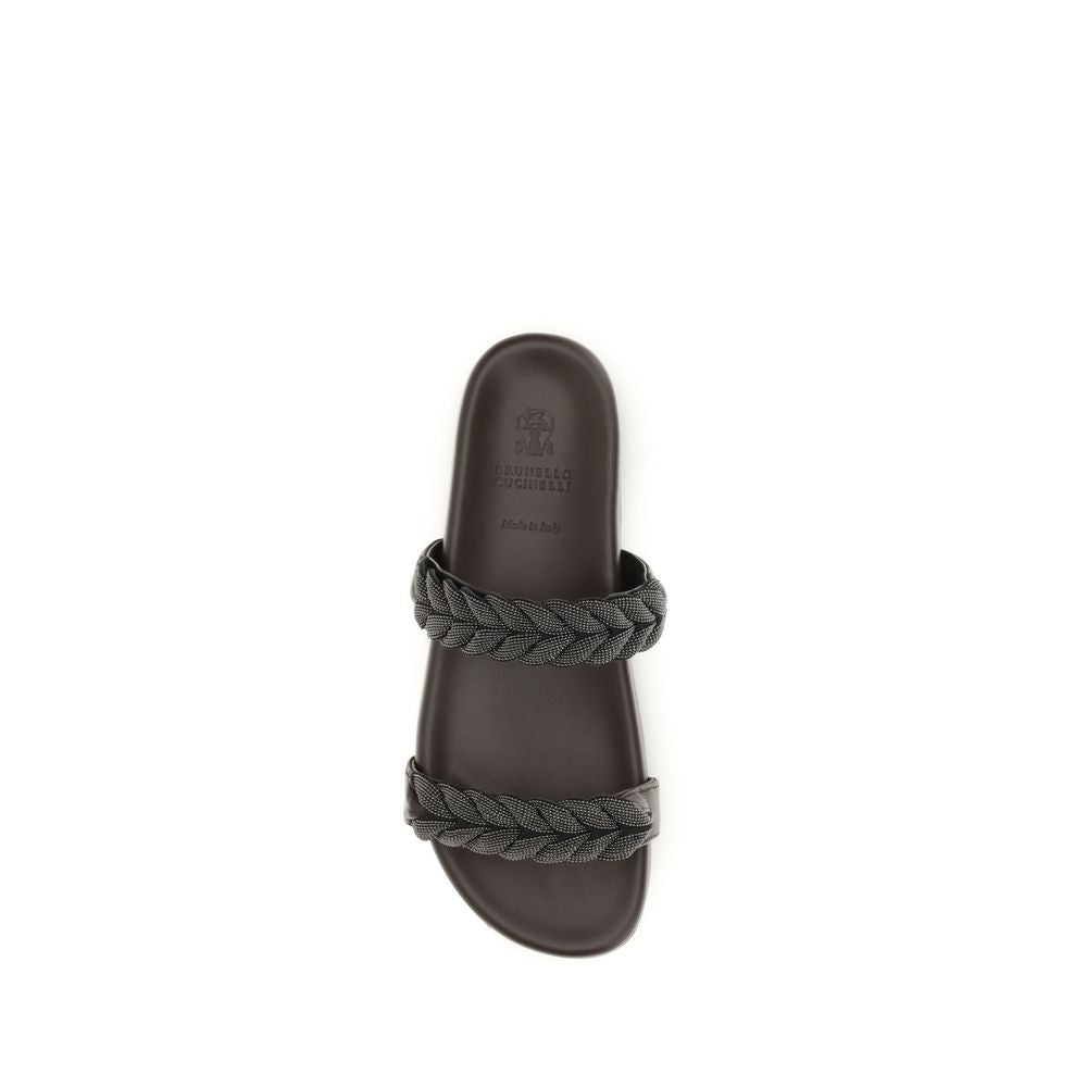 Brunello Cucinelli Brown Calf Leather Bos Taurus Flat Sandals | Regal Royce