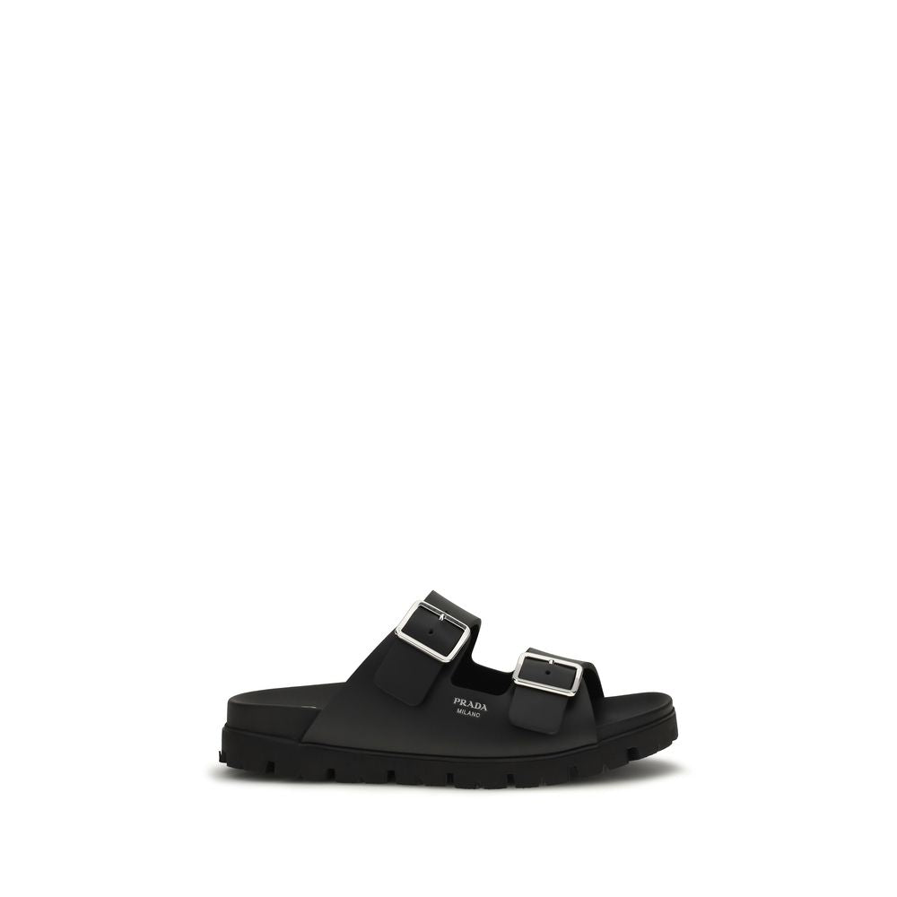 Prada Black Calf Leather Bos Taurus Flat Sandals | Regal Royce