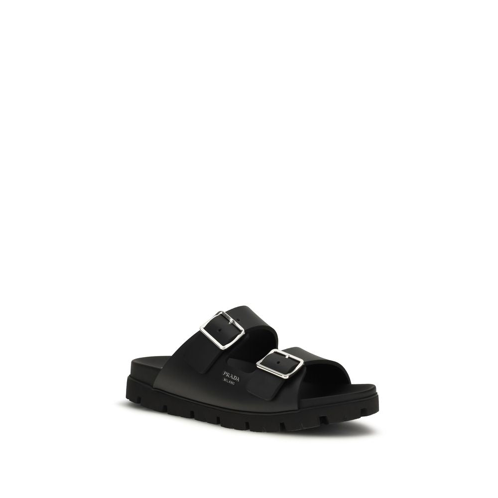 Prada Black Calf Leather Bos Taurus Flat Sandals | Regal Royce