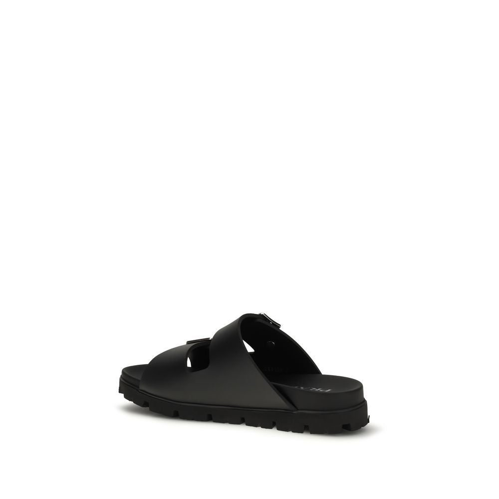 Prada Black Calf Leather Bos Taurus Flat Sandals | Regal Royce
