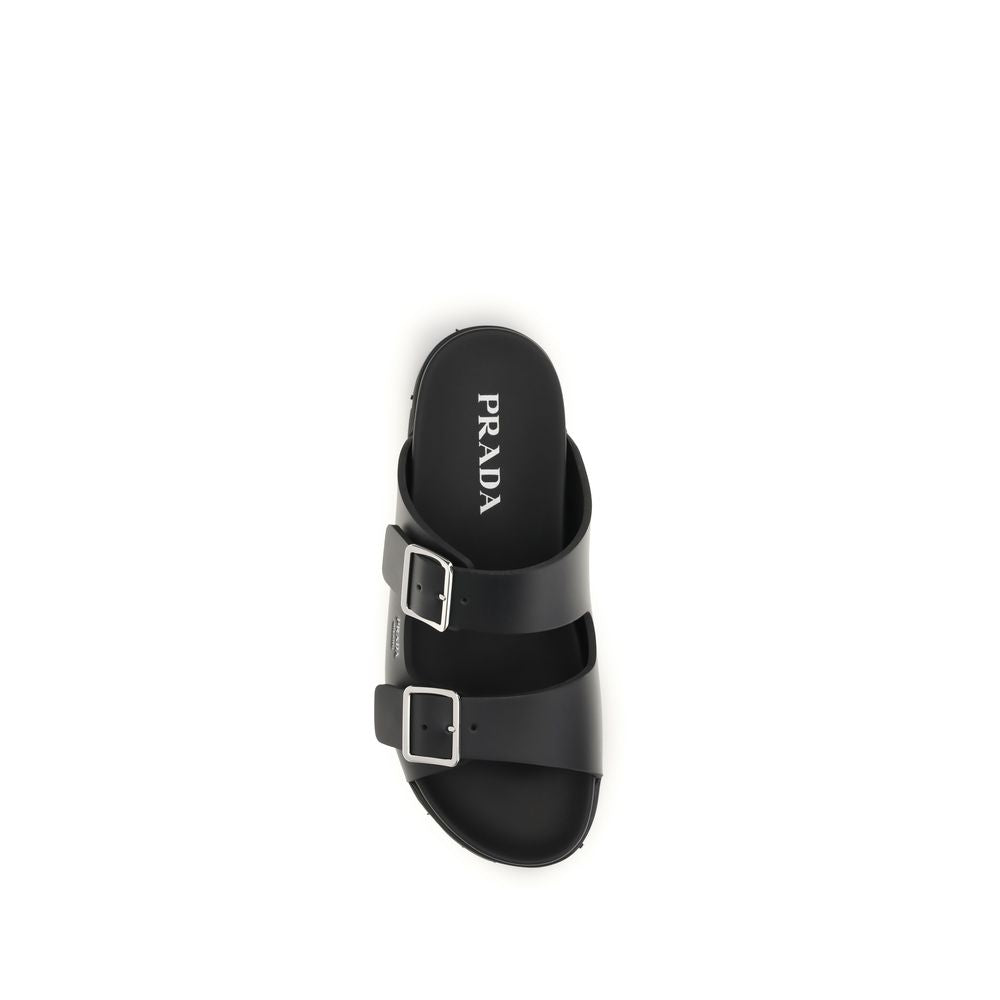 Prada Black Calf Leather Bos Taurus Flat Sandals | Regal Royce