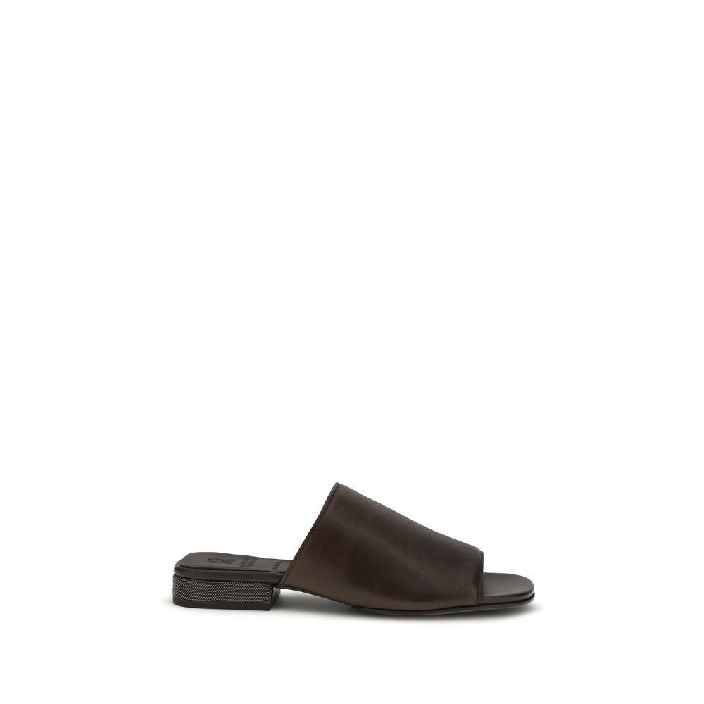 Brunello Cucinelli Brown Calf Leather Bos Taurus Slides | Regal Royce