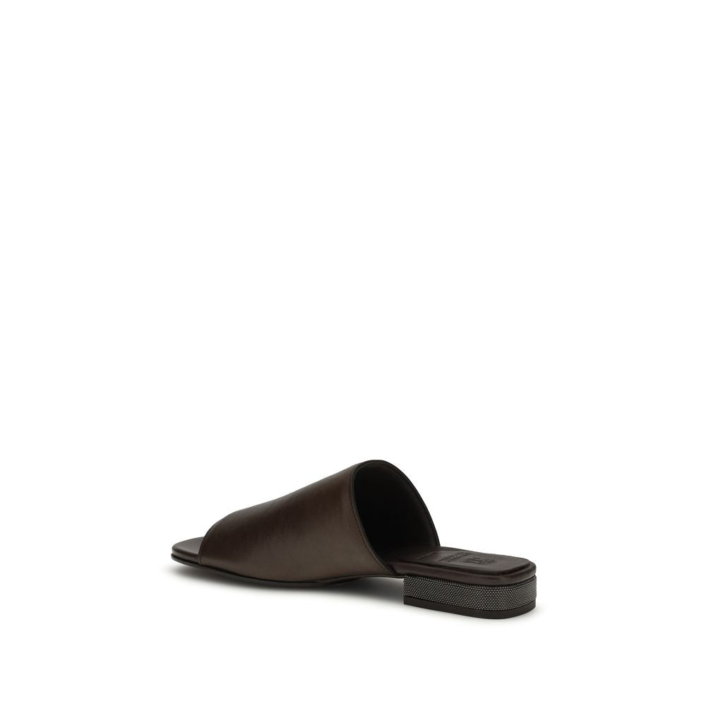 Brunello Cucinelli Brown Calf Leather Bos Taurus Slides | Regal Royce