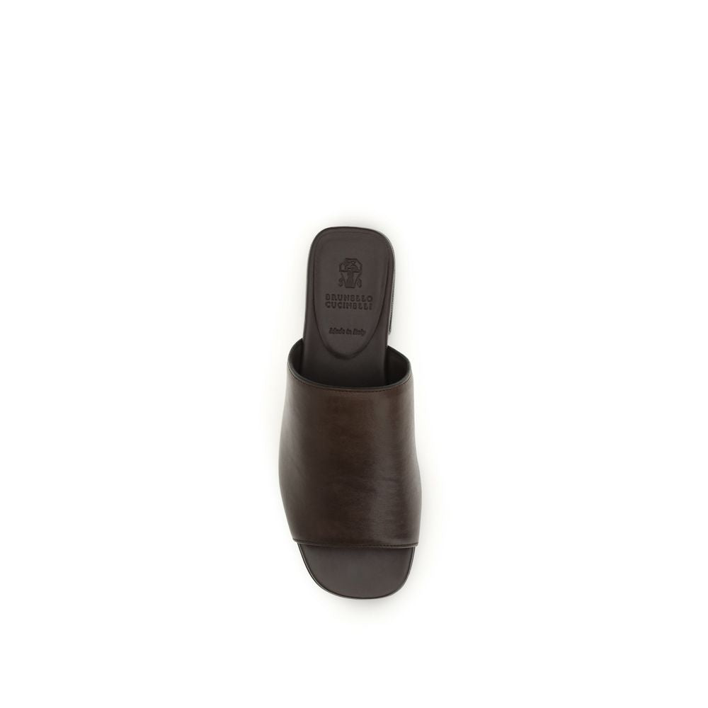 Brunello Cucinelli Brown Calf Leather Bos Taurus Slides | Regal Royce