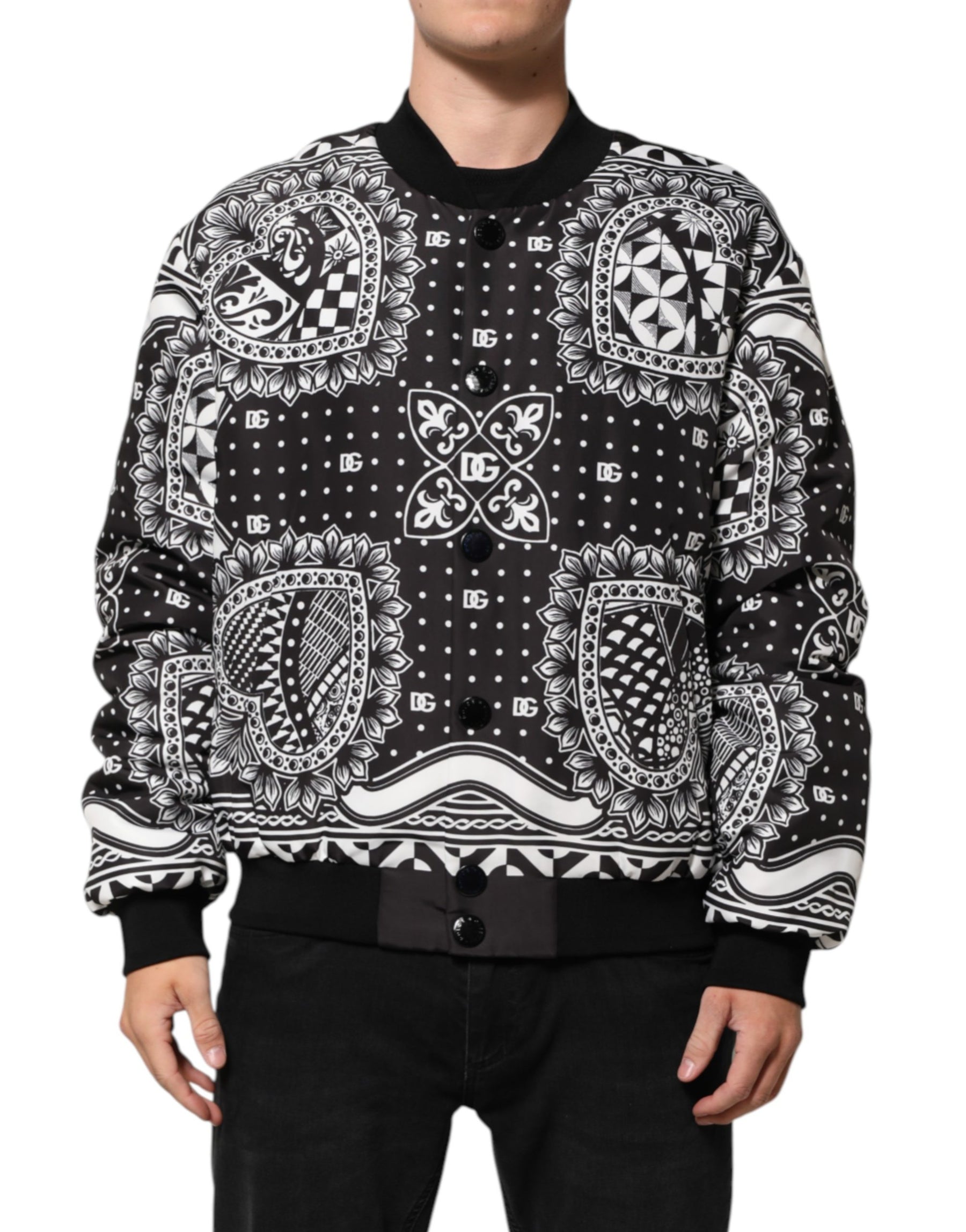 Dolce & Gabbana Black White BandanaPrint Men Bomber  Jacket | Regal Royce