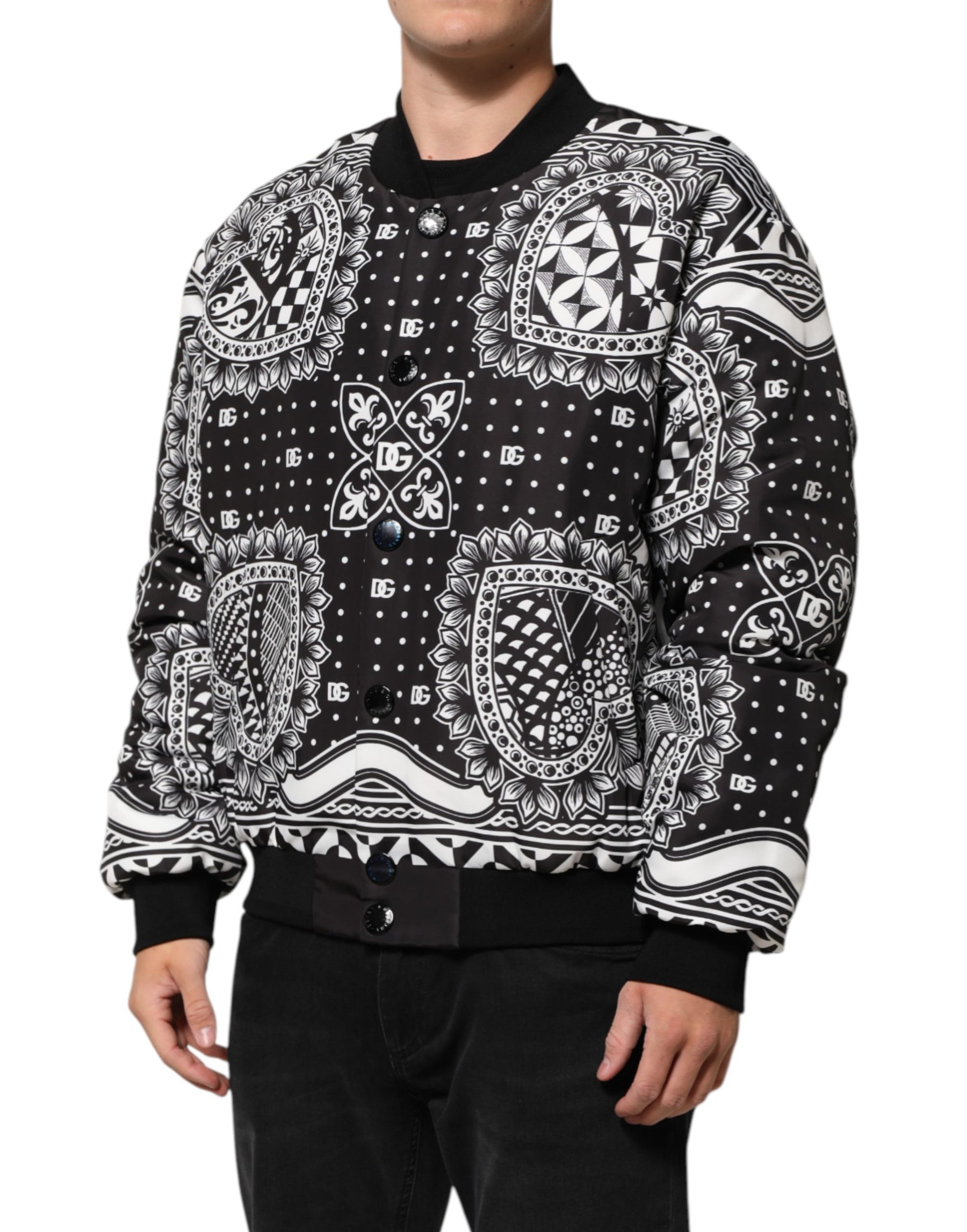 Dolce & Gabbana Black White BandanaPrint Men Bomber  Jacket | Regal Royce