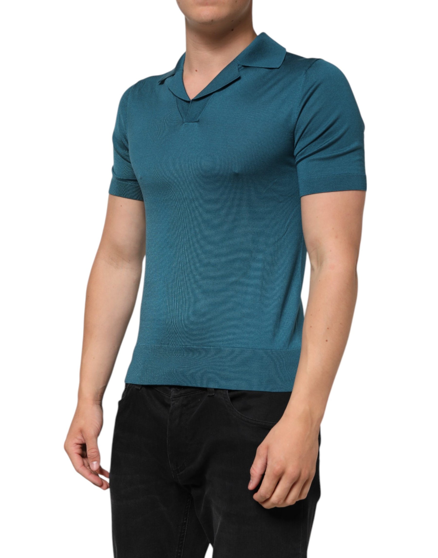 Dolce & Gabbana Teal Blue Silk Collared Short Sleeves Polo T-shirt | Regal Royce