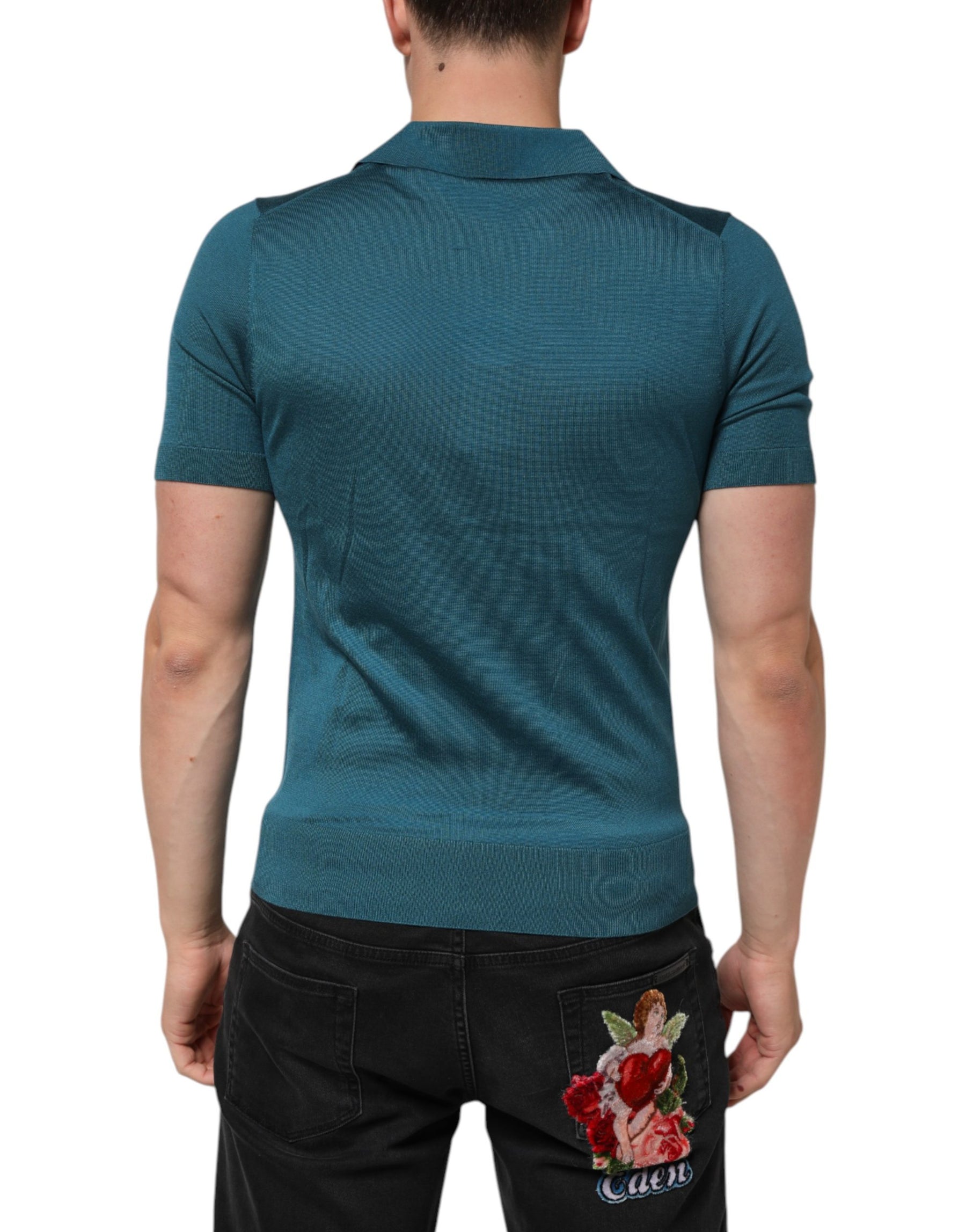 Dolce & Gabbana Teal Blue Silk Collared Short Sleeves Polo T-shirt | Regal Royce