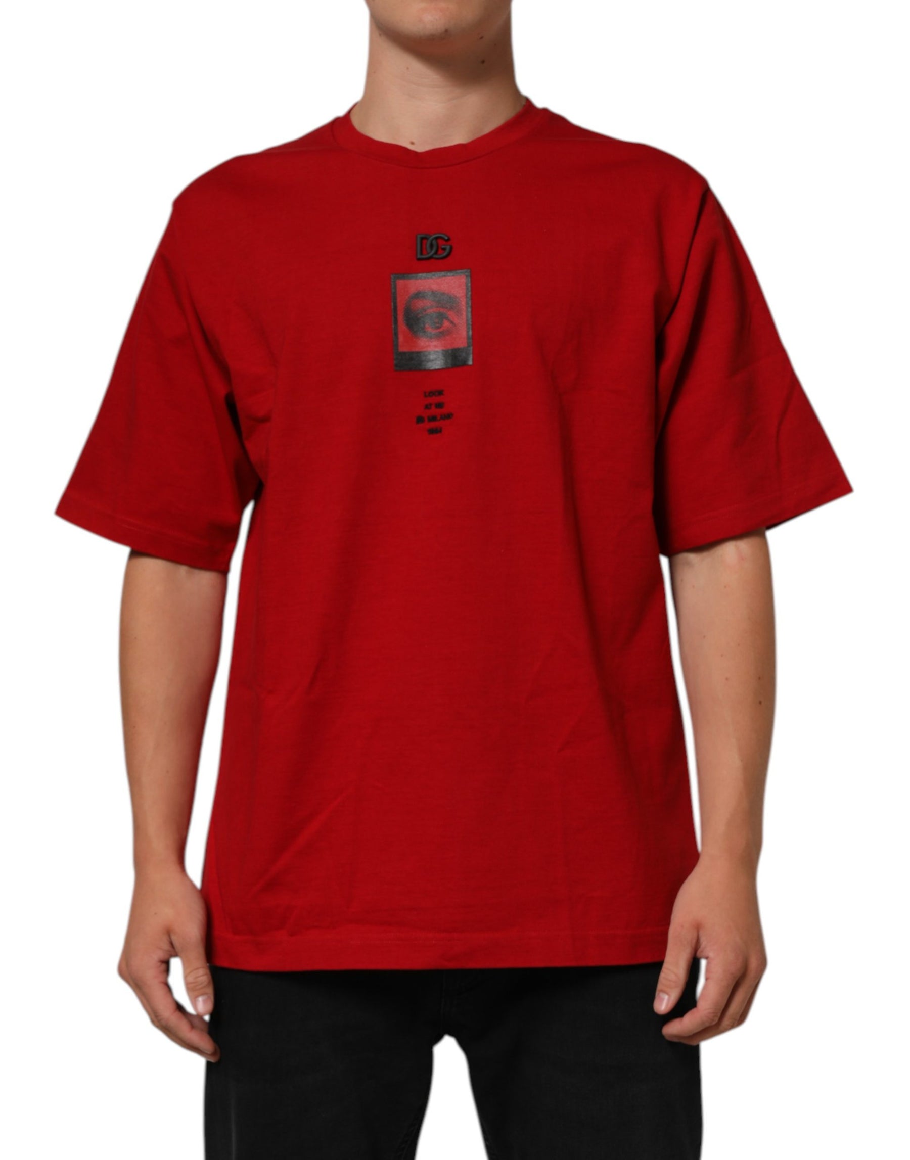 Dolce & Gabbana Red DG Eye Print Cotton Crew Neck T-shirt | Regal Royce