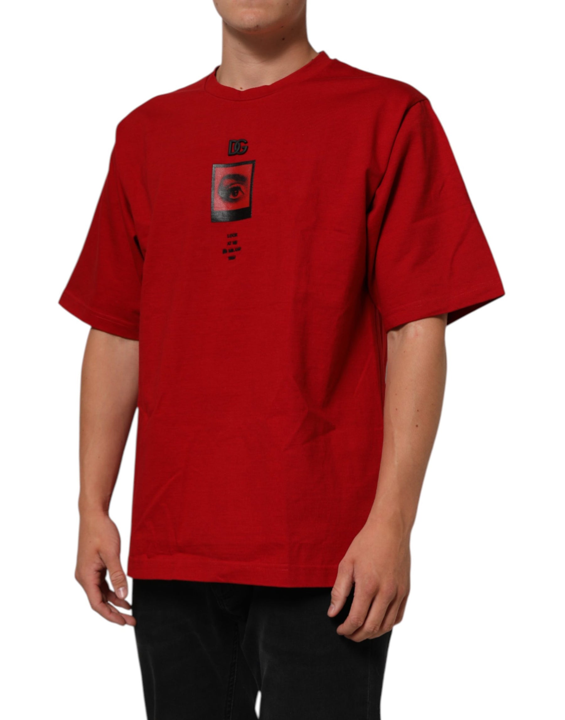 Dolce & Gabbana Red DG Eye Print Cotton Crew Neck T-shirt | Regal Royce