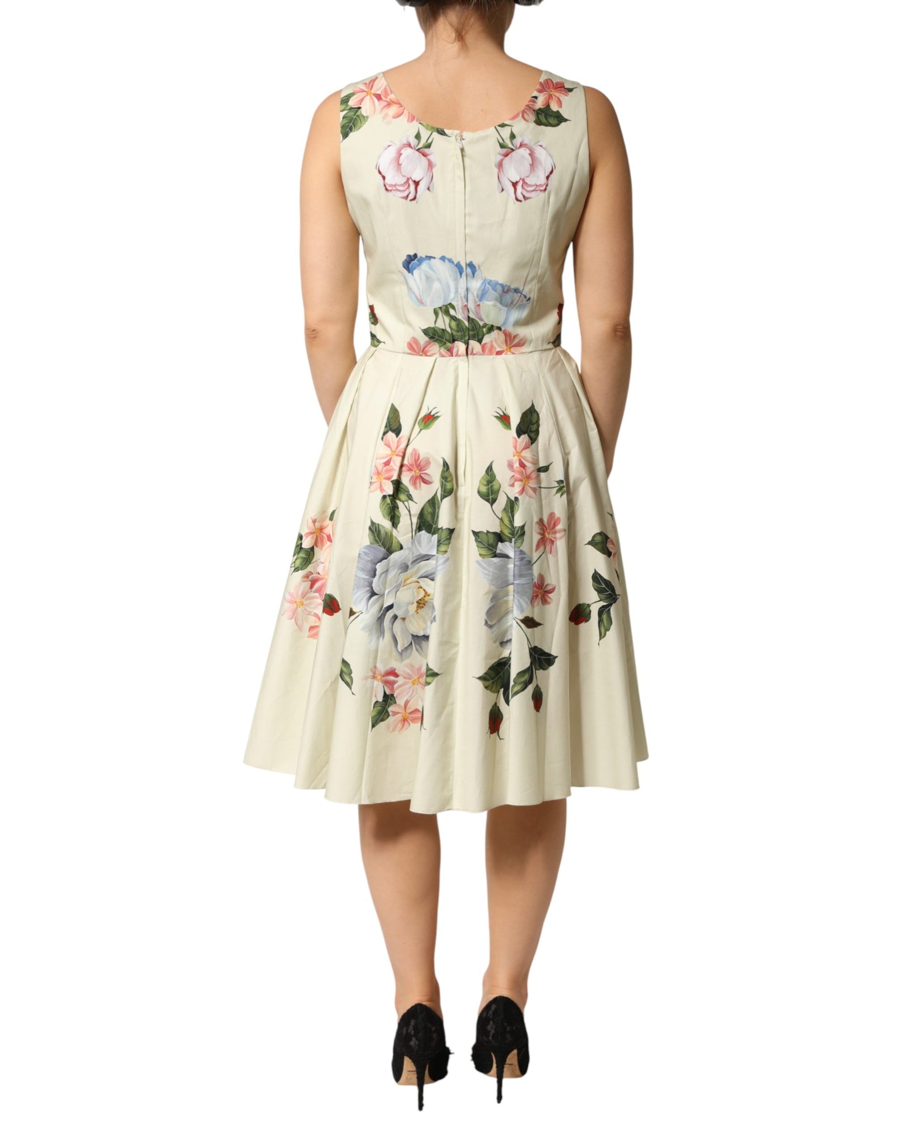 Dolce & Gabbana Beige Floral Sleeveless A-line Midi Dress | Regal Royce