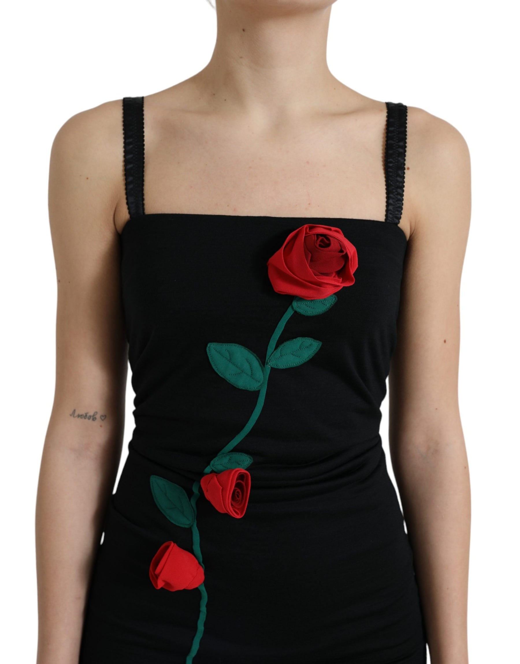 Dolce & Gabbana Black Wool Sleeveless Rose Applique Dress | Regal Royce