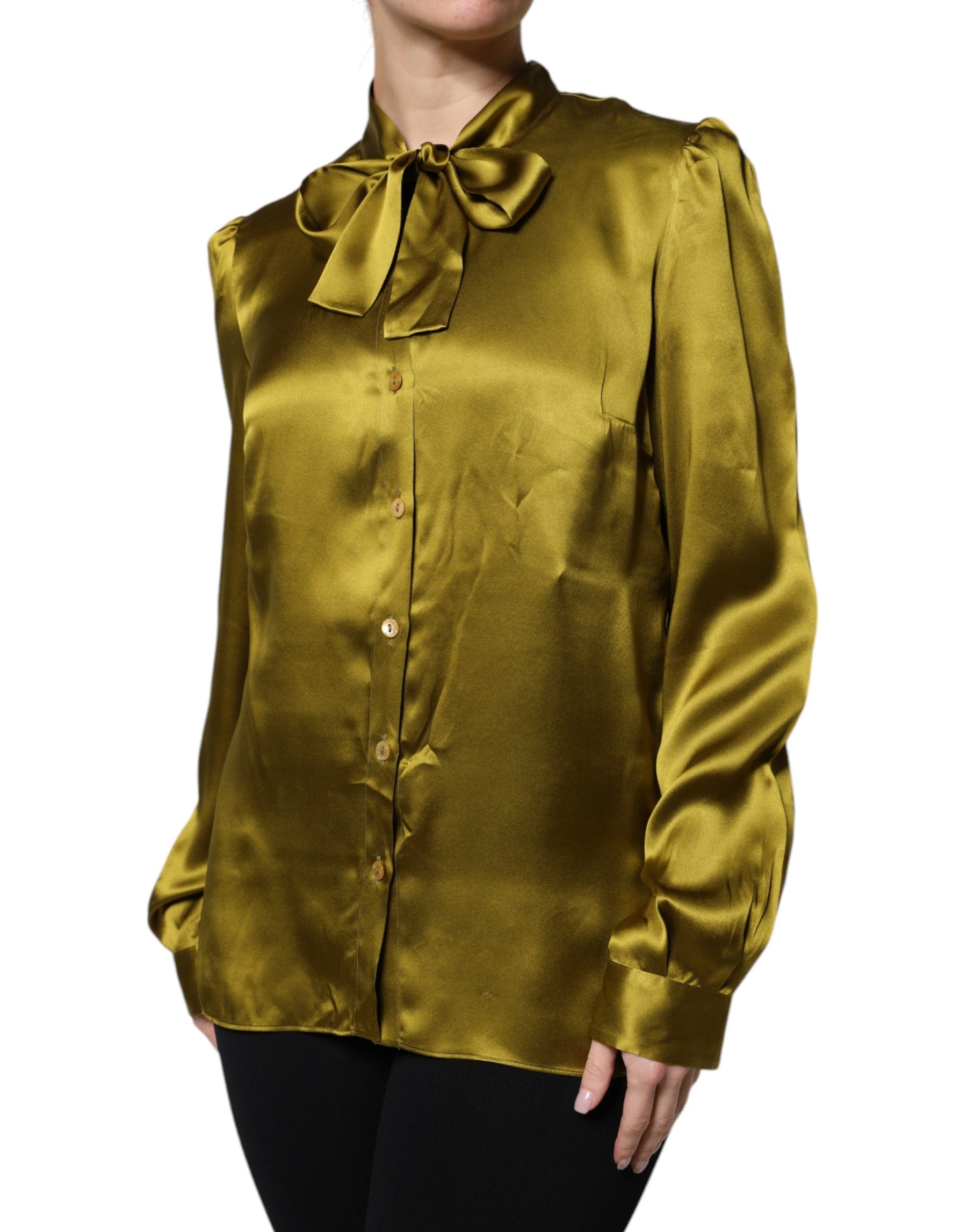Dolce & Gabbana Green Satin Long Sleeve Ascot Tie Shirt Top | Regal Royce