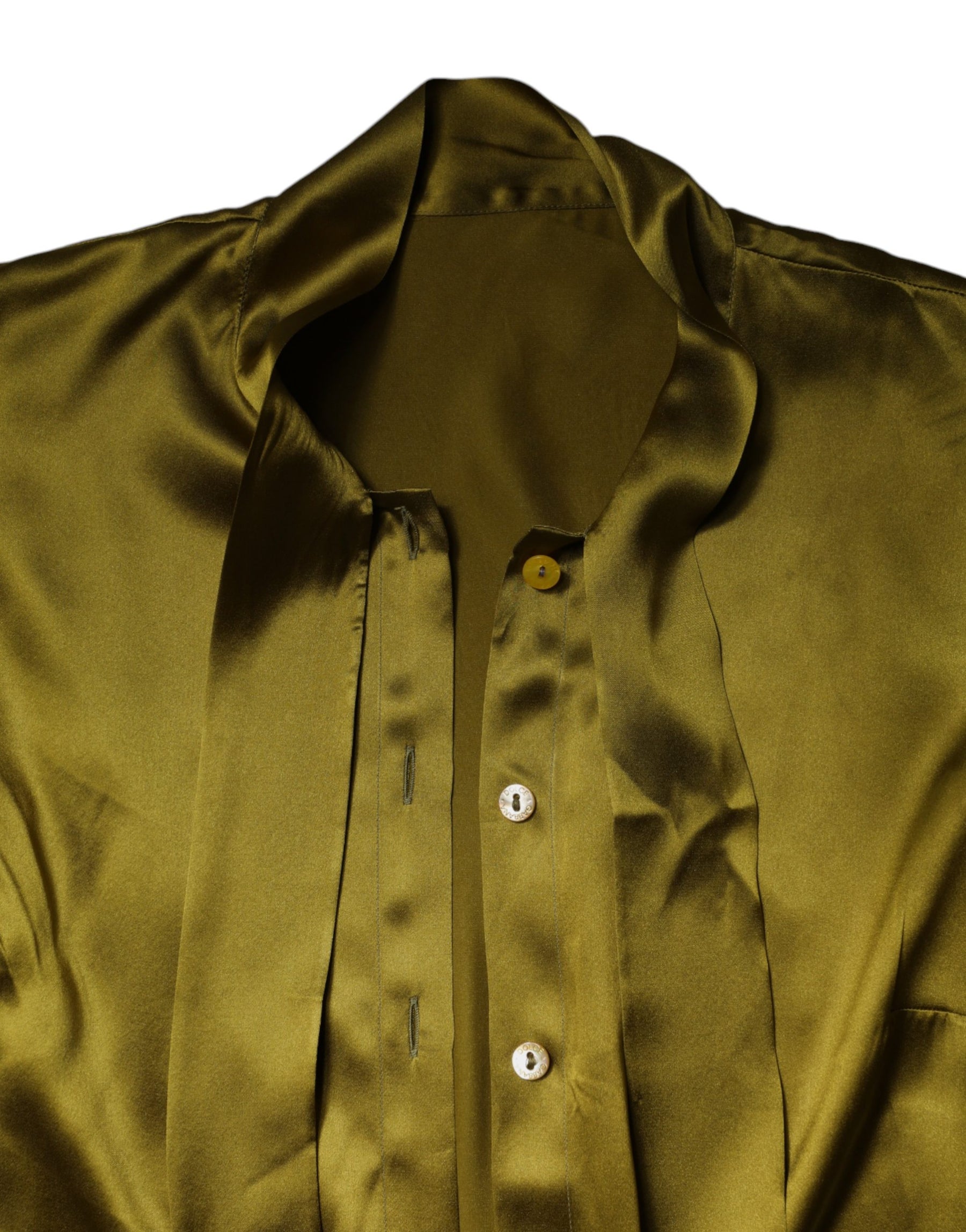 Dolce & Gabbana Green Satin Long Sleeve Ascot Tie Shirt Top | Regal Royce