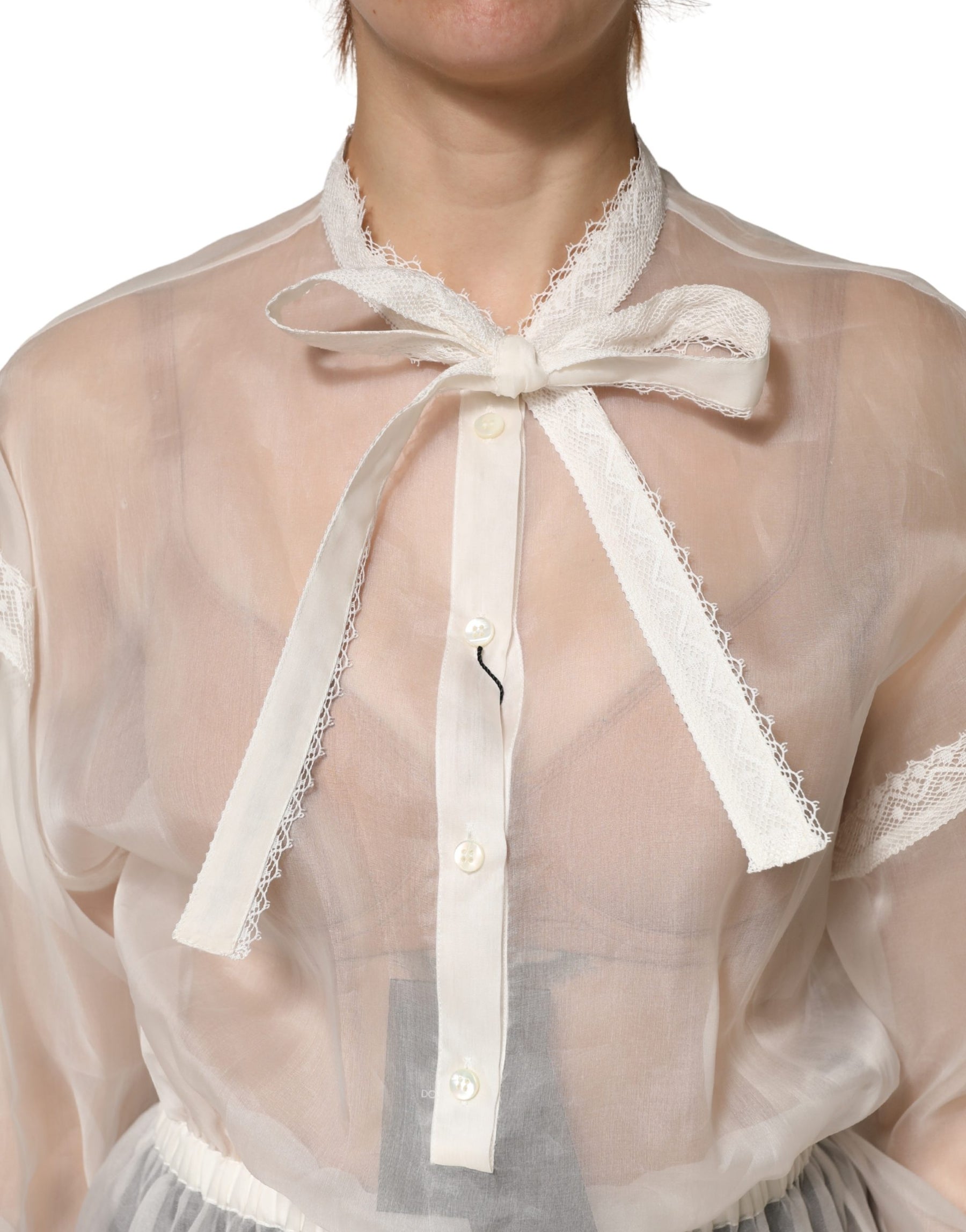 Dolce & Gabbana White Silk Cotton Ascot Collar Blouse Top | Regal Royce