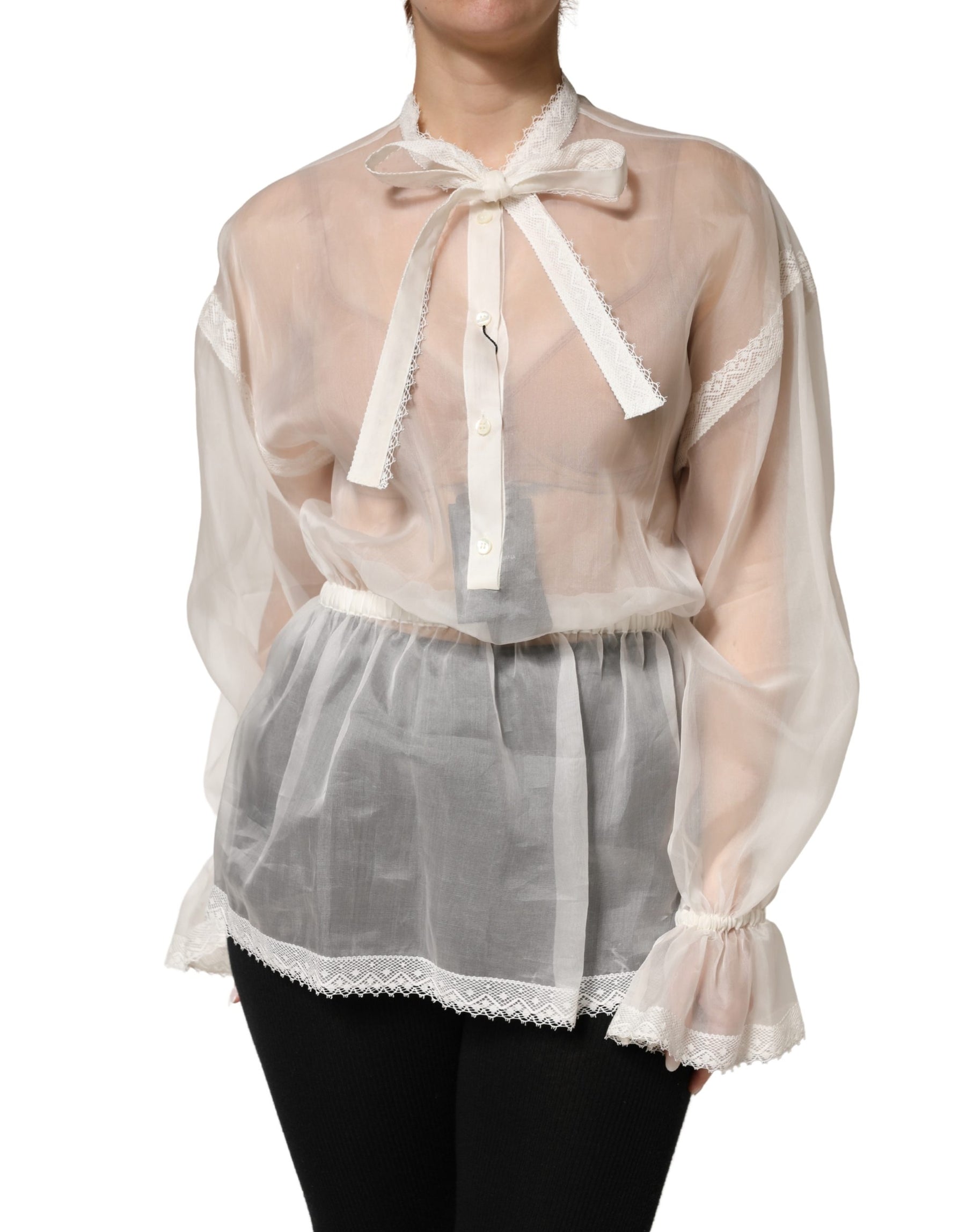 Dolce & Gabbana White Silk Cotton Ascot Collar Blouse Top | Regal Royce