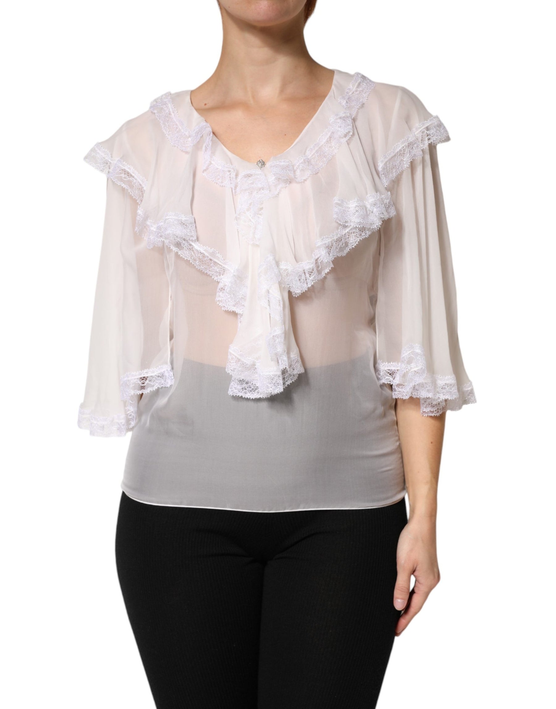 Dolce & Gabbana White LongSleeve Lace Trim Ruffled Blouse Top | Regal Royce