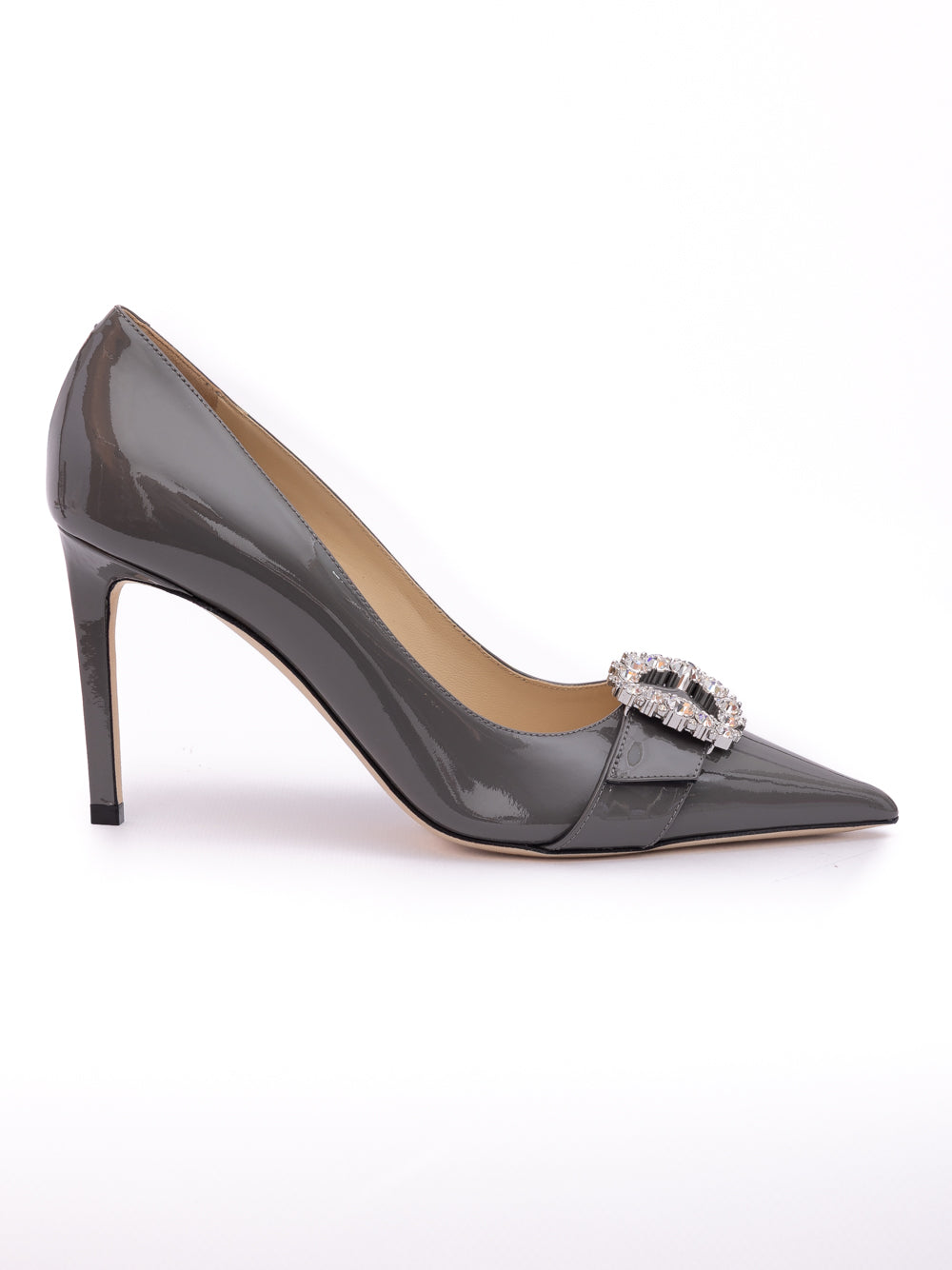 Jimmy Choo Storm Grey Patent Leather Chery 85 Pumps | Regal Royce