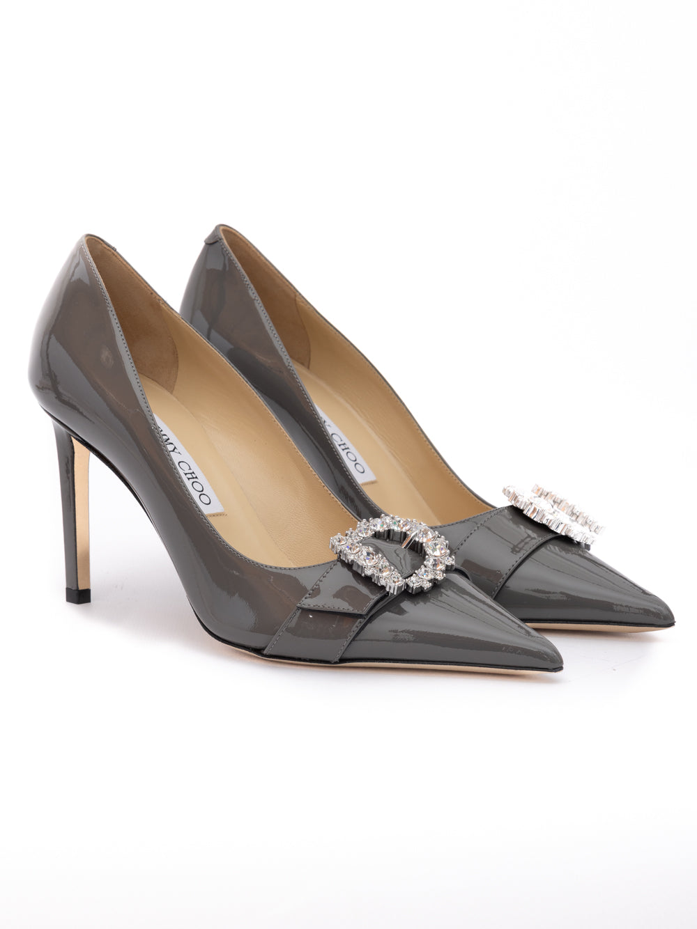 Jimmy Choo Storm Grey Patent Leather Chery 85 Pumps | Regal Royce