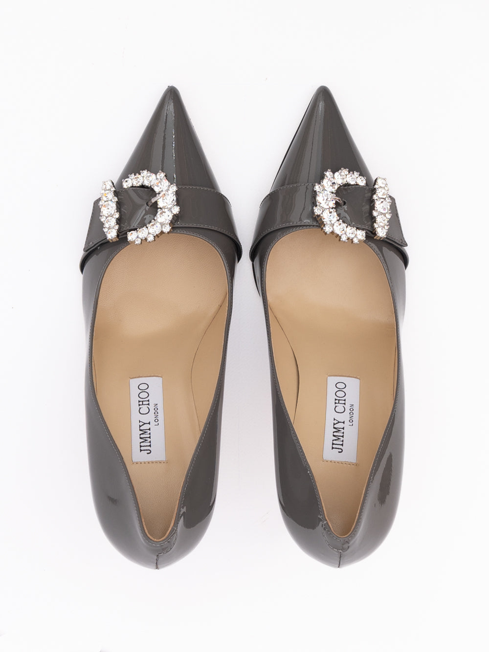 Jimmy Choo Storm Grey Patent Leather Chery 85 Pumps | Regal Royce