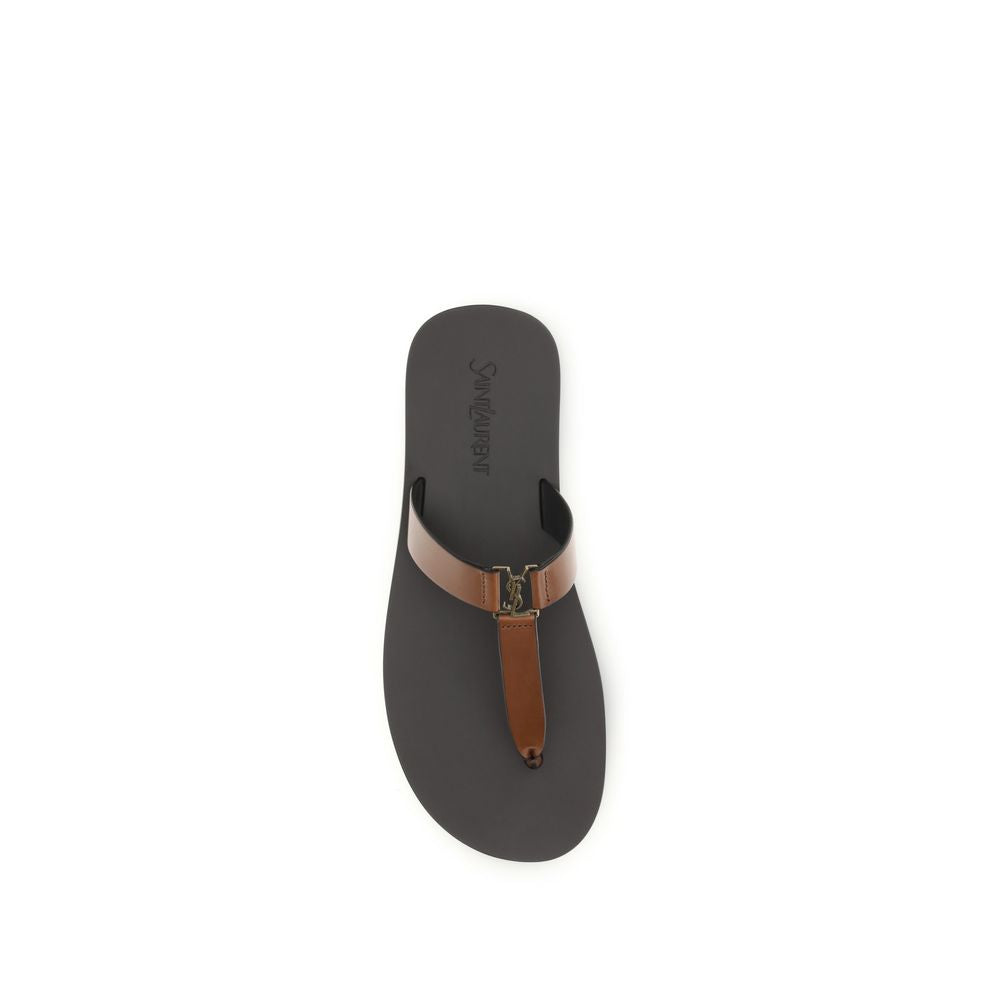 Saint Laurent Brown Calf Leather Bos Taurus Flip-Flop Sandals | Regal Royce